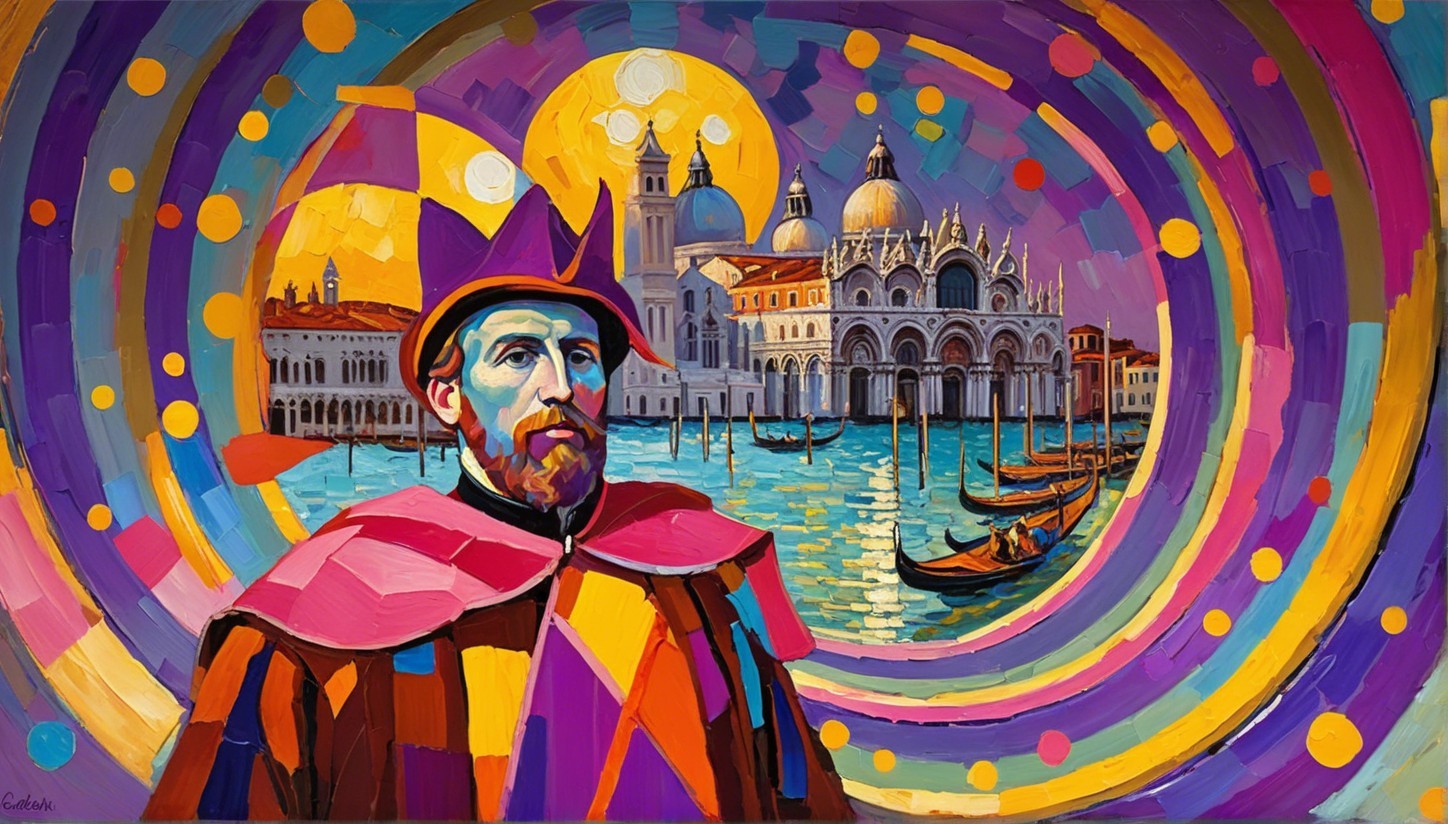Surreal Painting of a Man in Vibrant Cloak in Venice