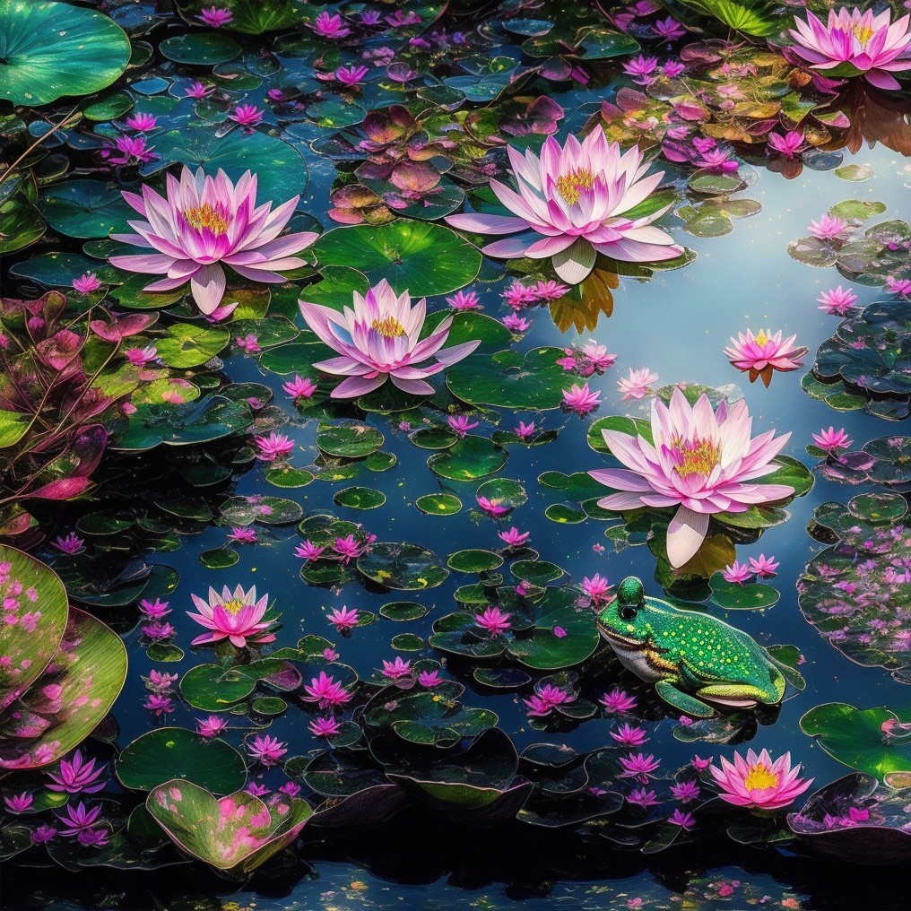 Serene pond with pink and white water lilies and frog