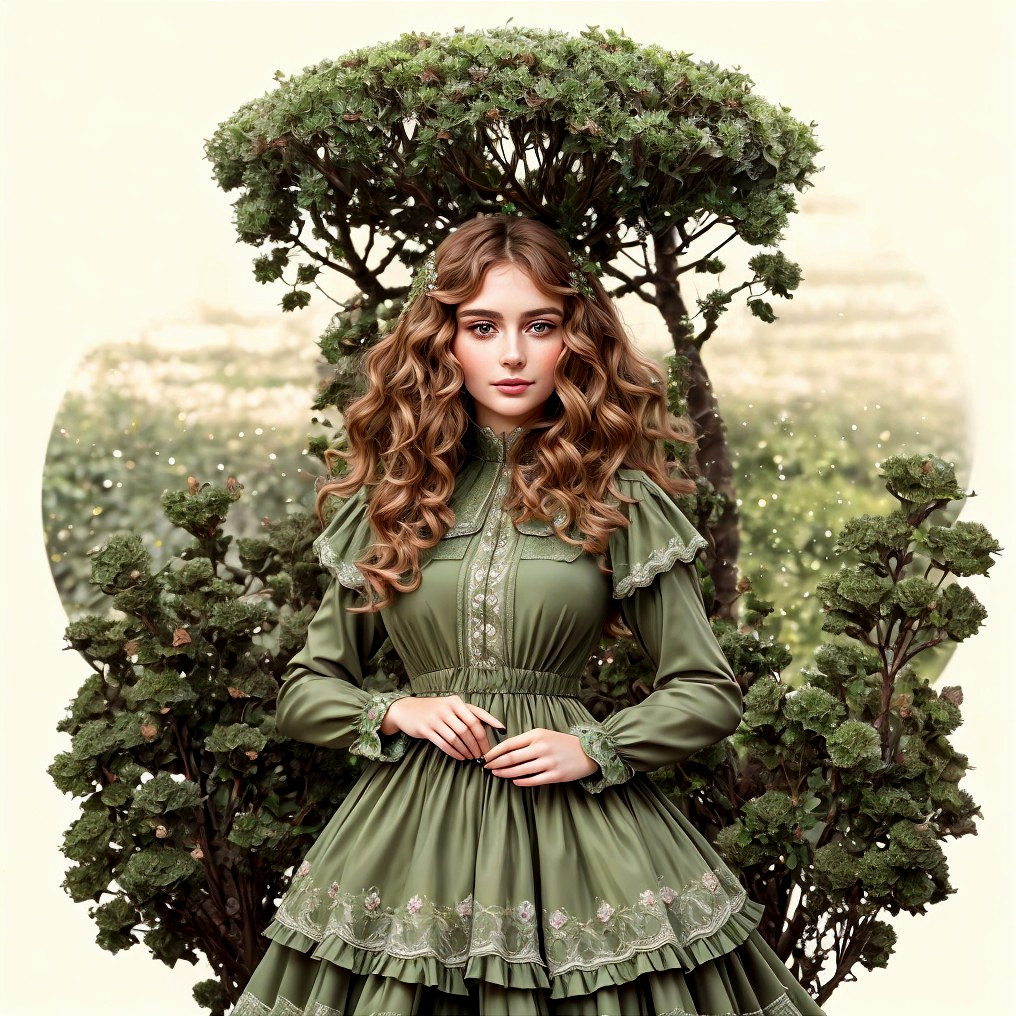 Elegant Young Woman in Floral Green Dress Outdoors