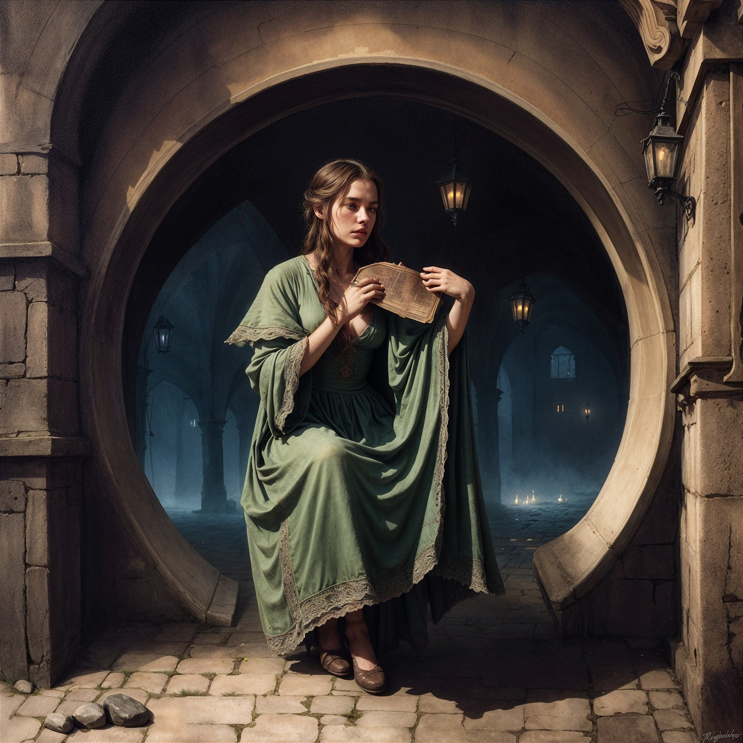 Young Woman in Green Dress in Stone Archway Scene