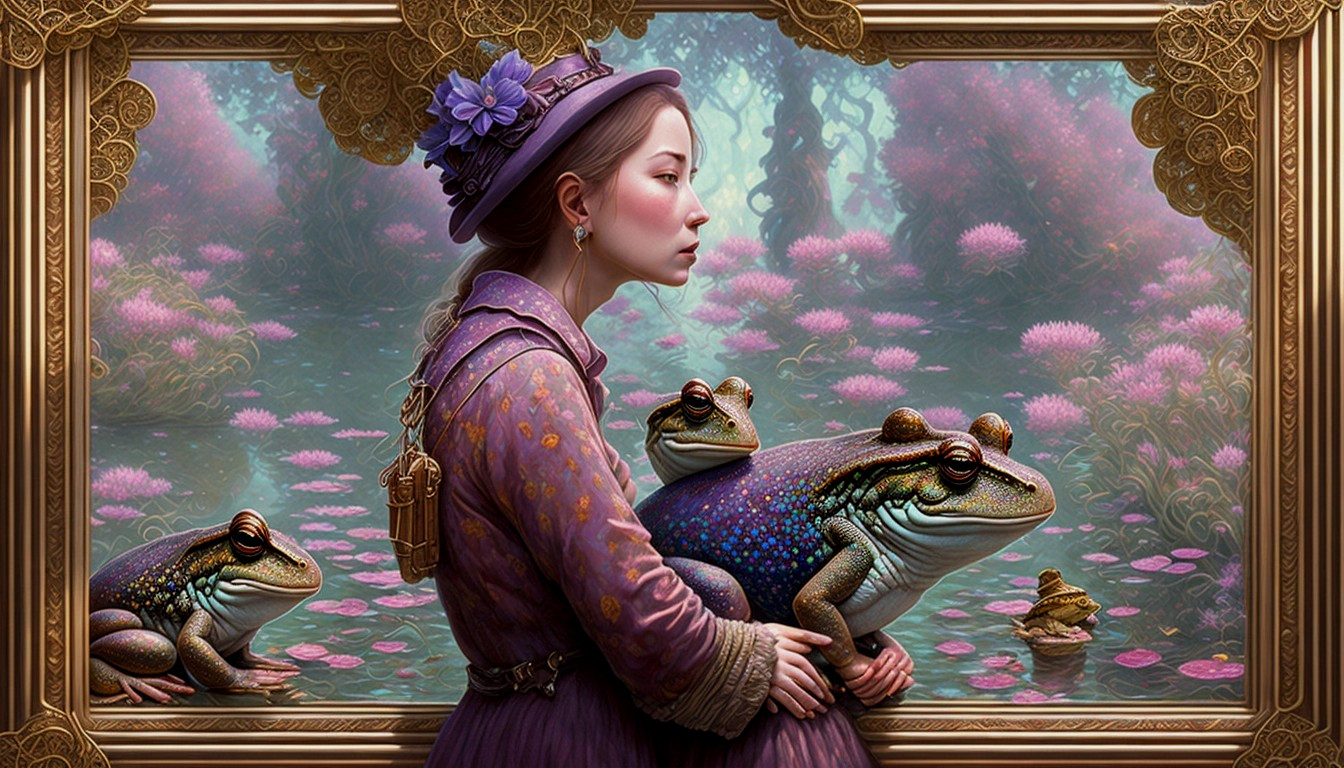 Young Woman in Vintage Dress with Colorful Frogs