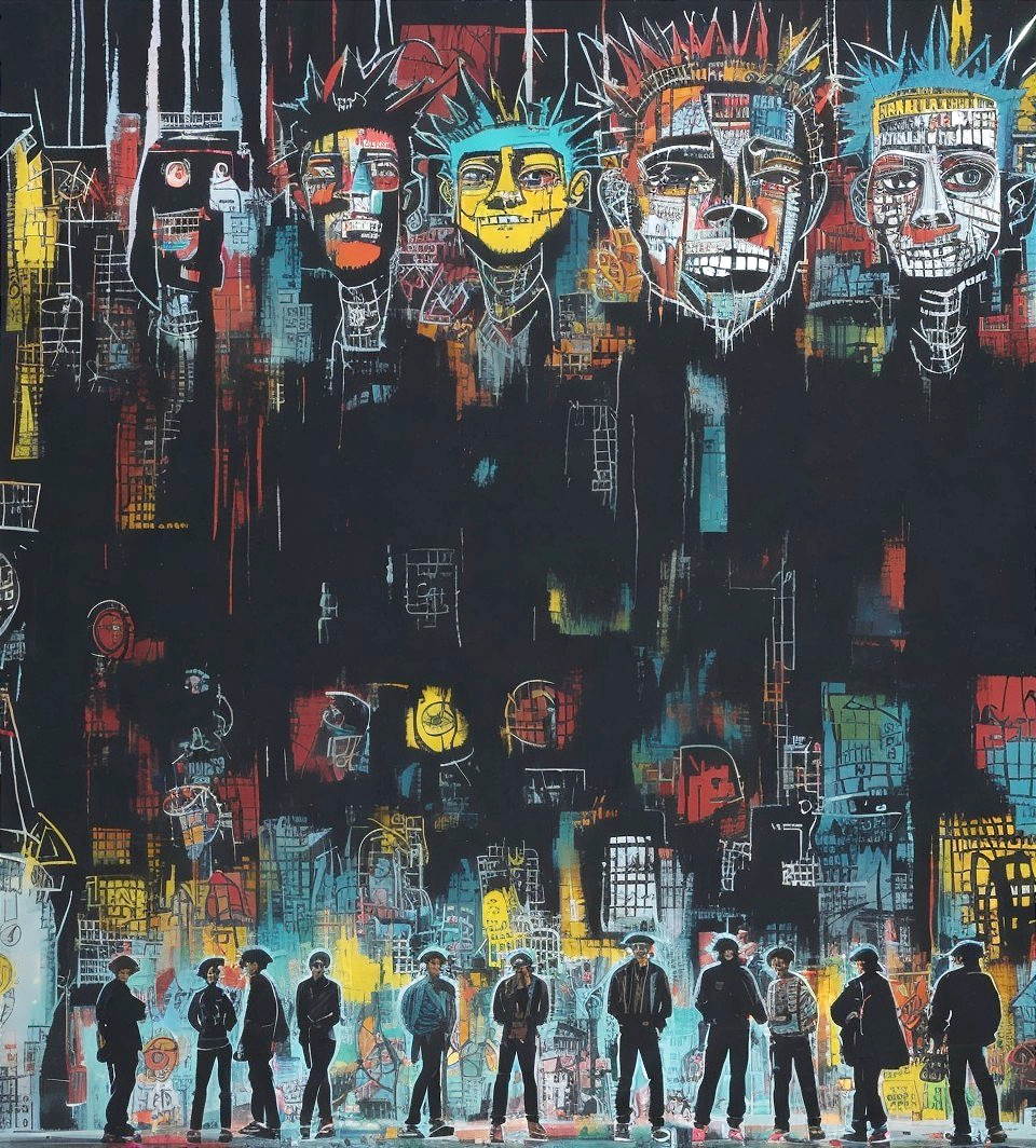 Vibrant Mural with Stylized Faces and Abstract Designs