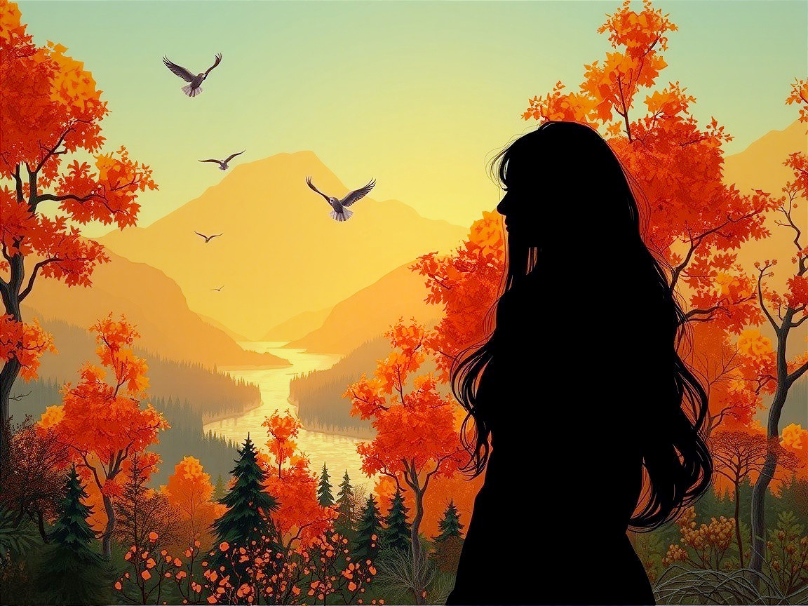 Silhouette of Woman in Autumn Landscape with River