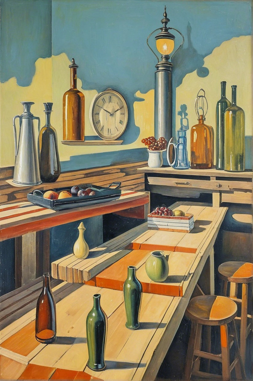 Still Life with Glass Bottles and Rustic Decor