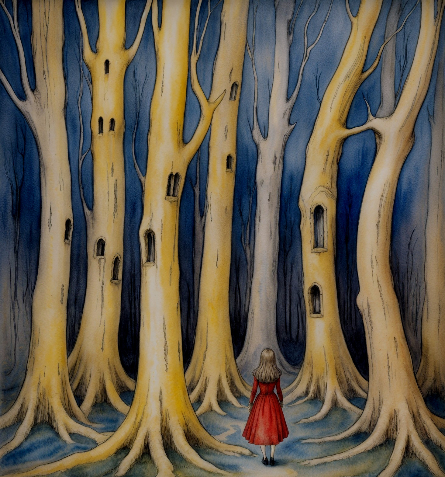 Girl in Red Dress in Mystical Forest Setting