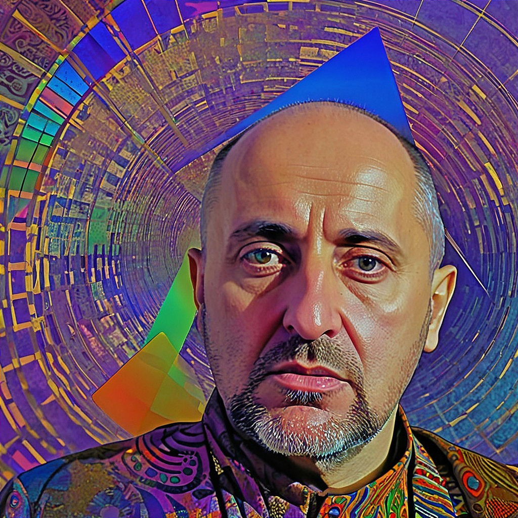Man in Colorful Shirt Against Abstract Background
