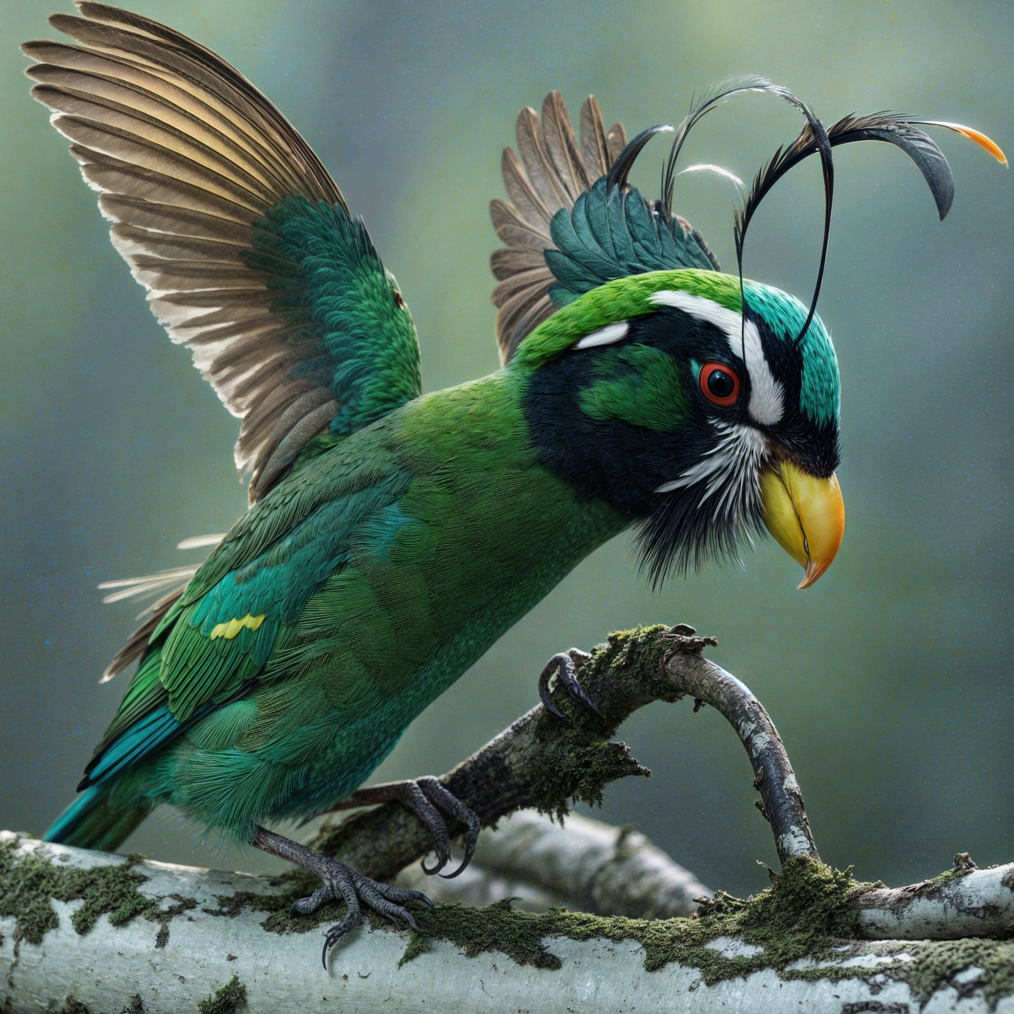 Vibrant Bird with Green Plumage and Distinctive Features