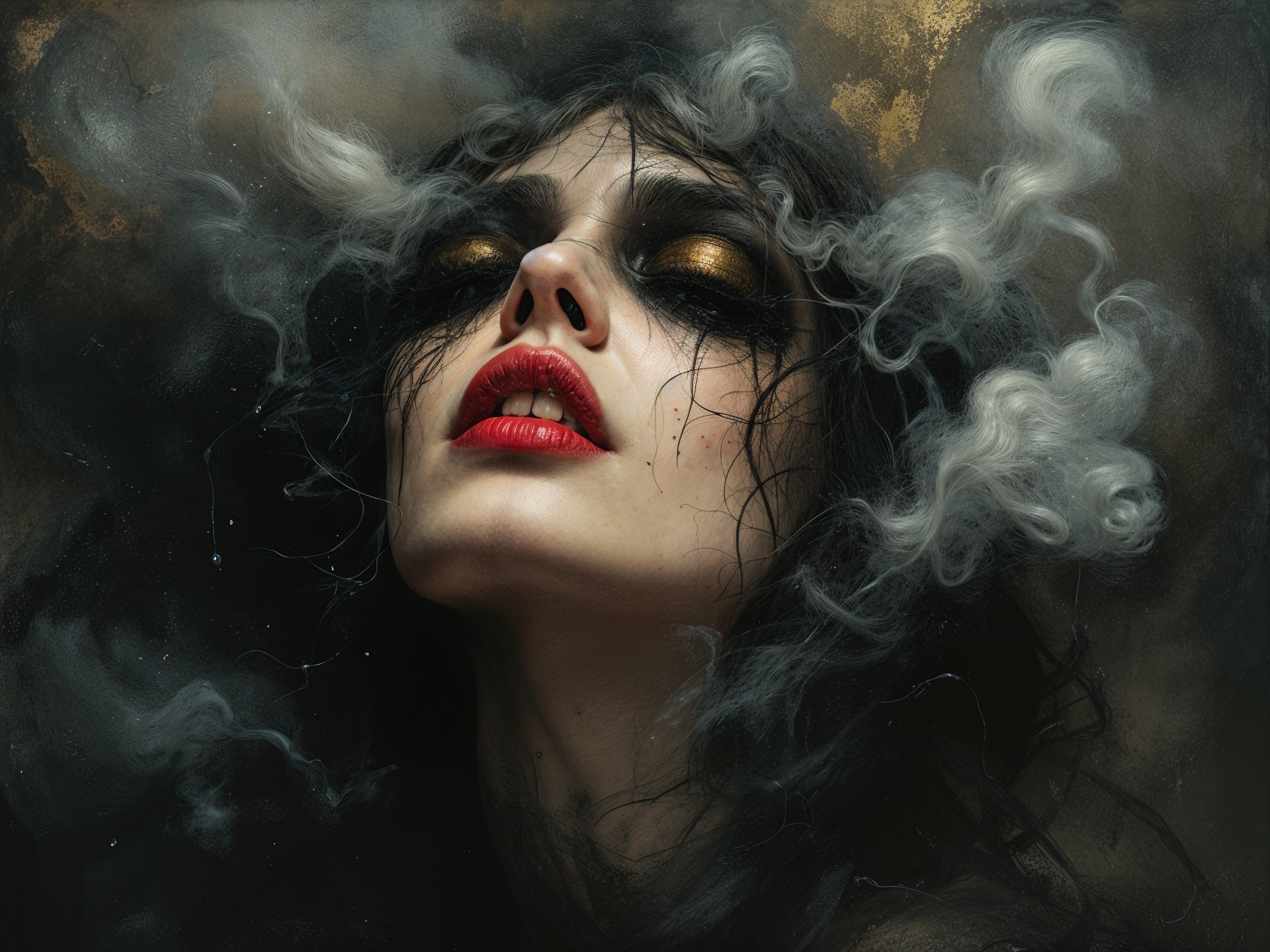 Portrait of a woman with smoky makeup and red lips