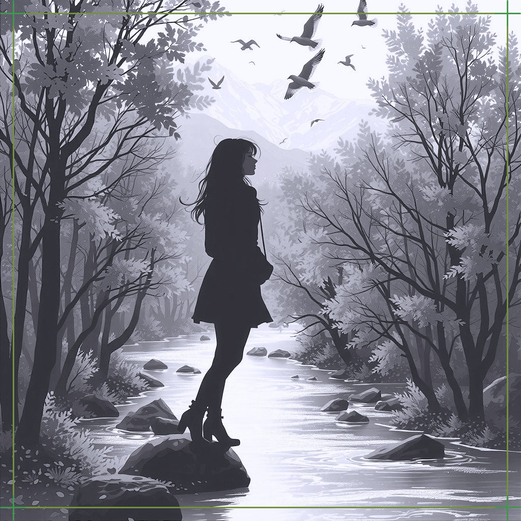 Silhouette of a Woman by a Serene River Landscape