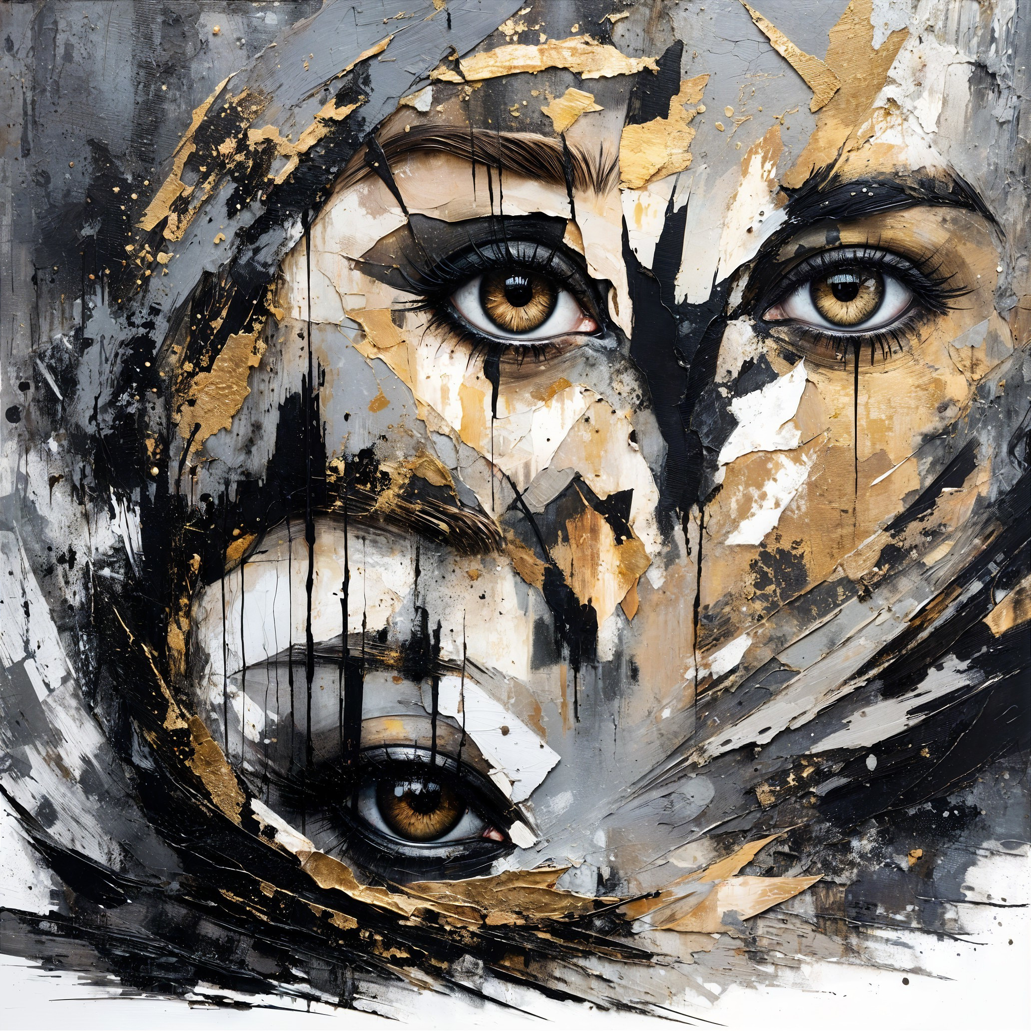 Overlapping Faces with Golden-Brown Eyes and Texture