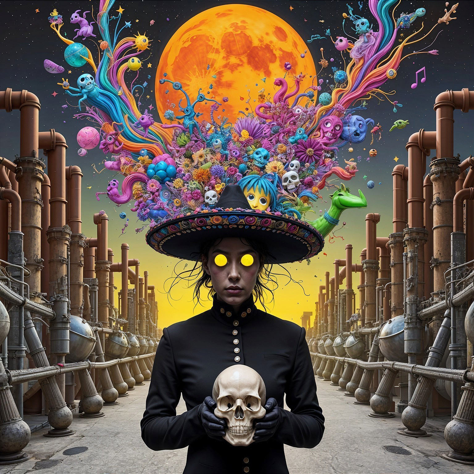 Mystical Figure with Skull Among Industrial Pipes