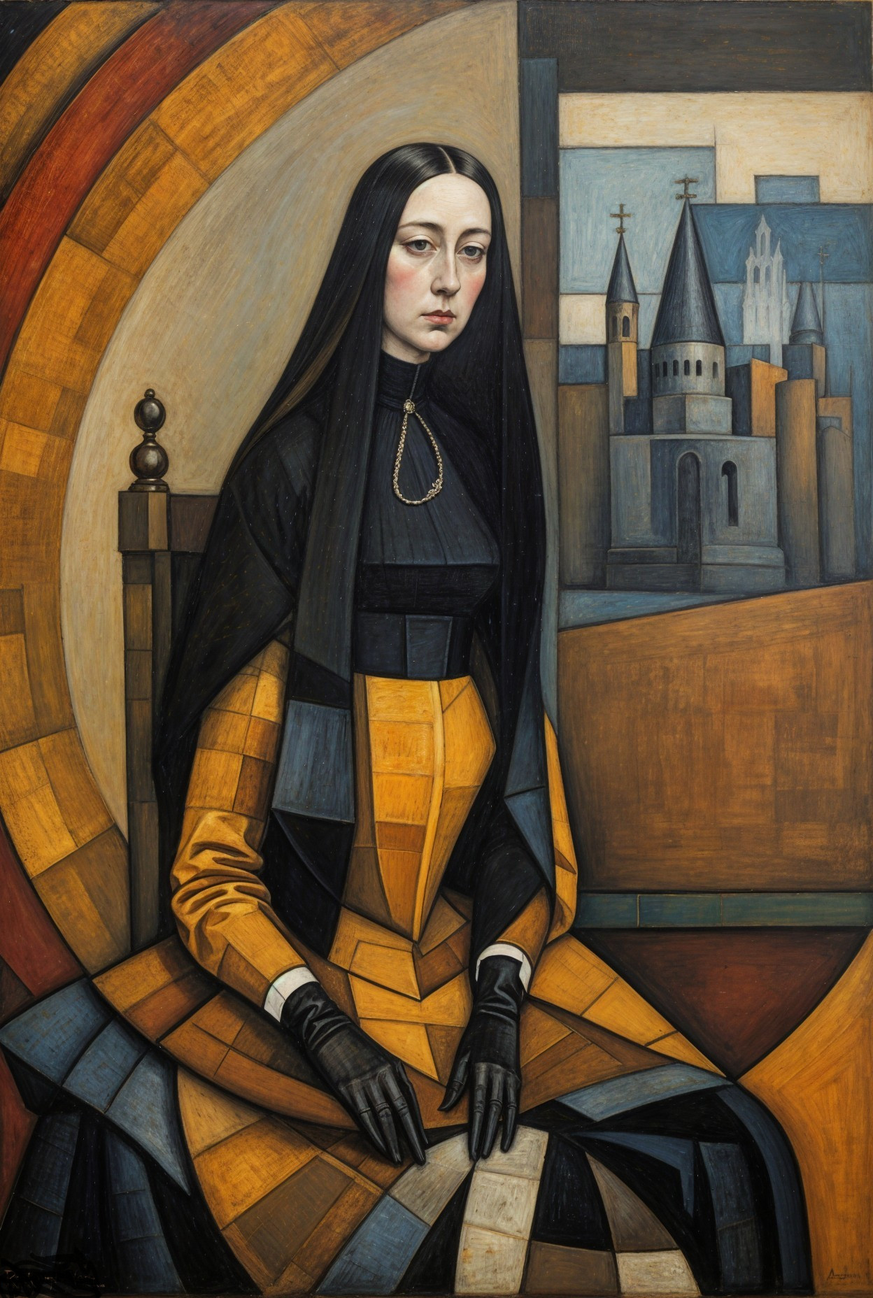 Woman in Geometric Dress with Abstract Background