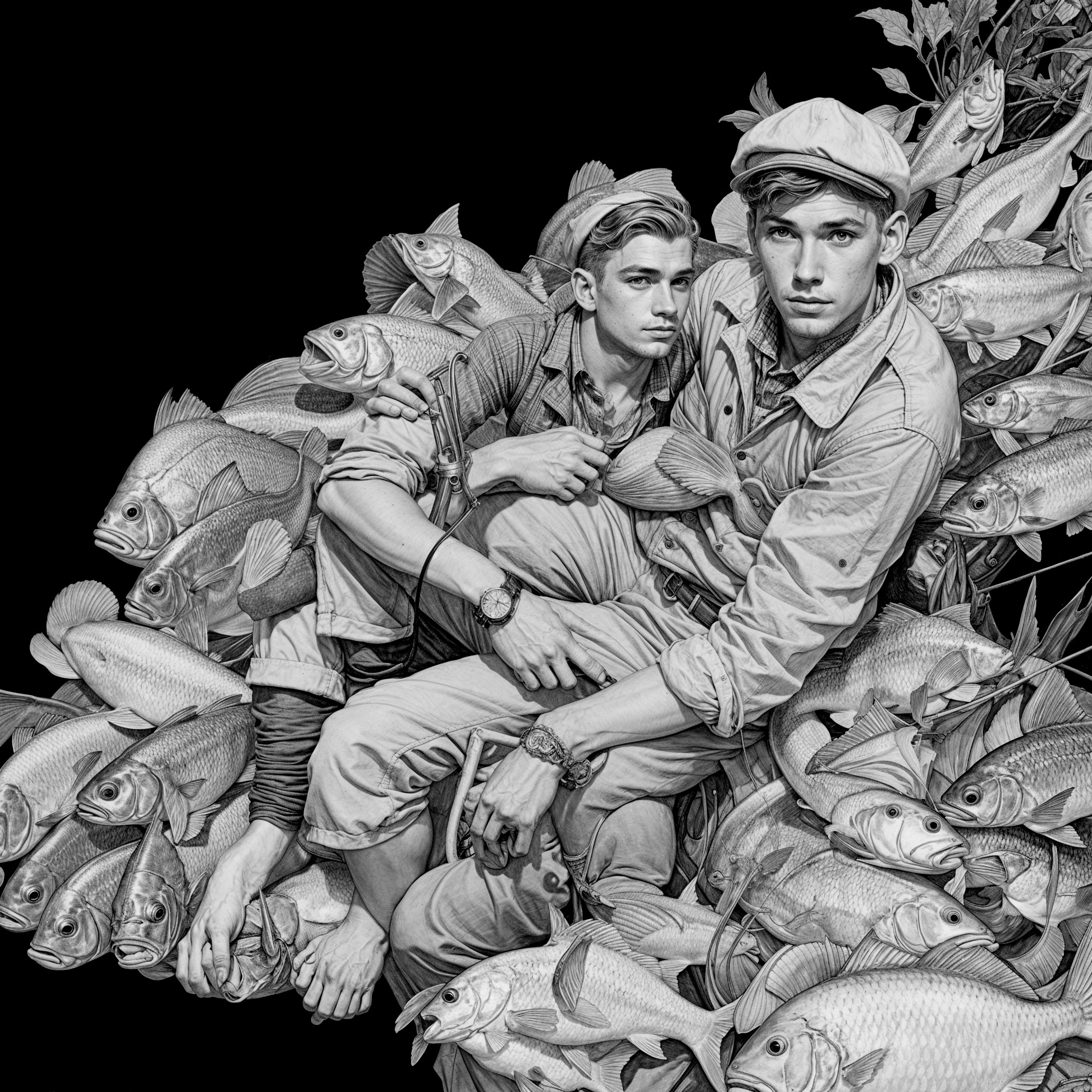 Young Men Seated Among Fish in Monochromatic Artwork