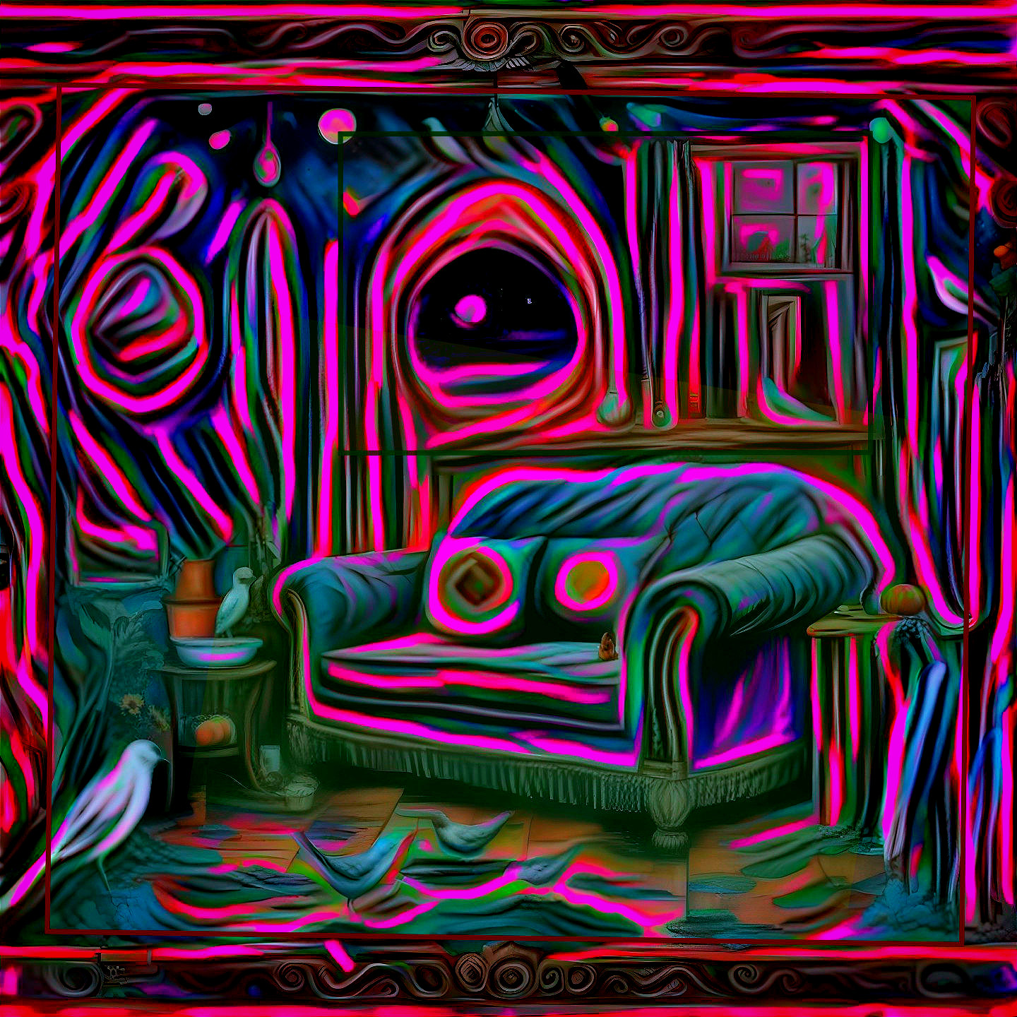 Surreal Living Room with Blue Sofa and Starry Sky
