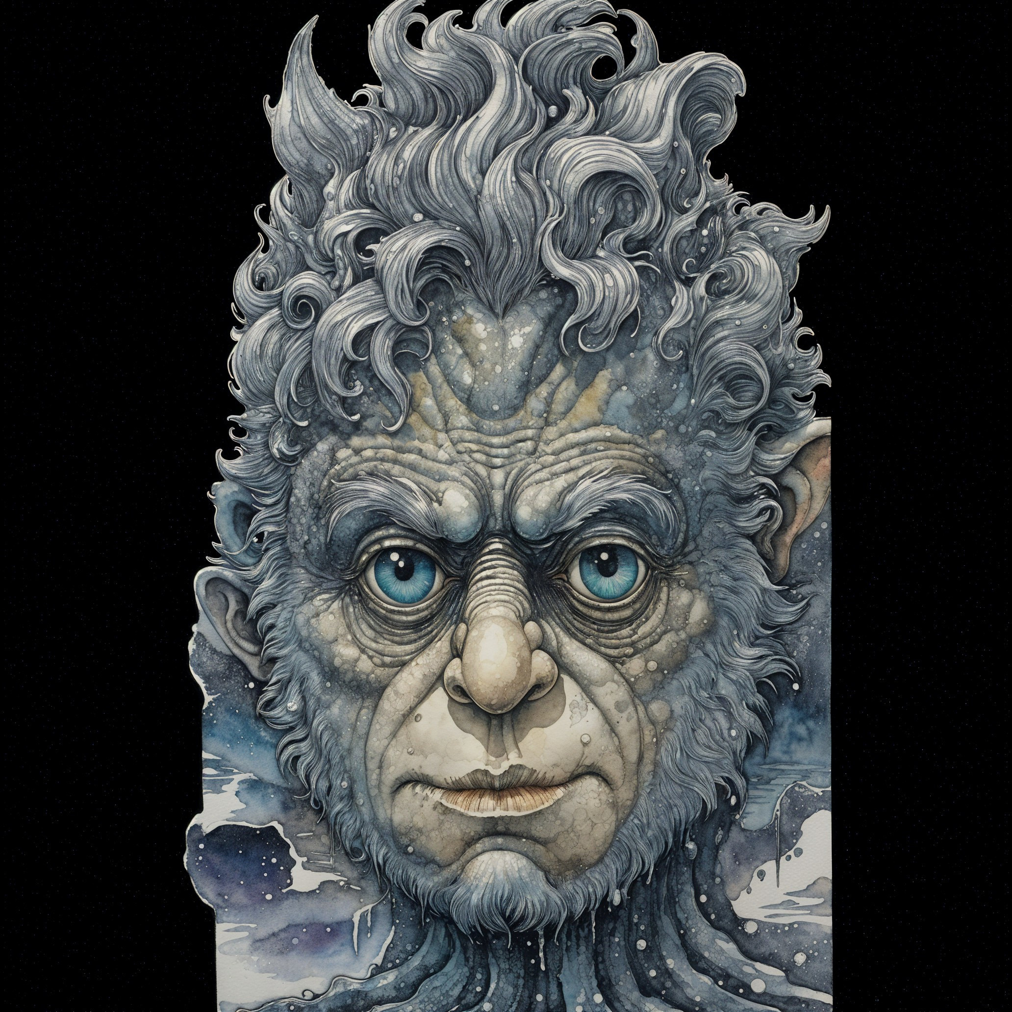 Enigmatic creature with wild white hair and blue eyes