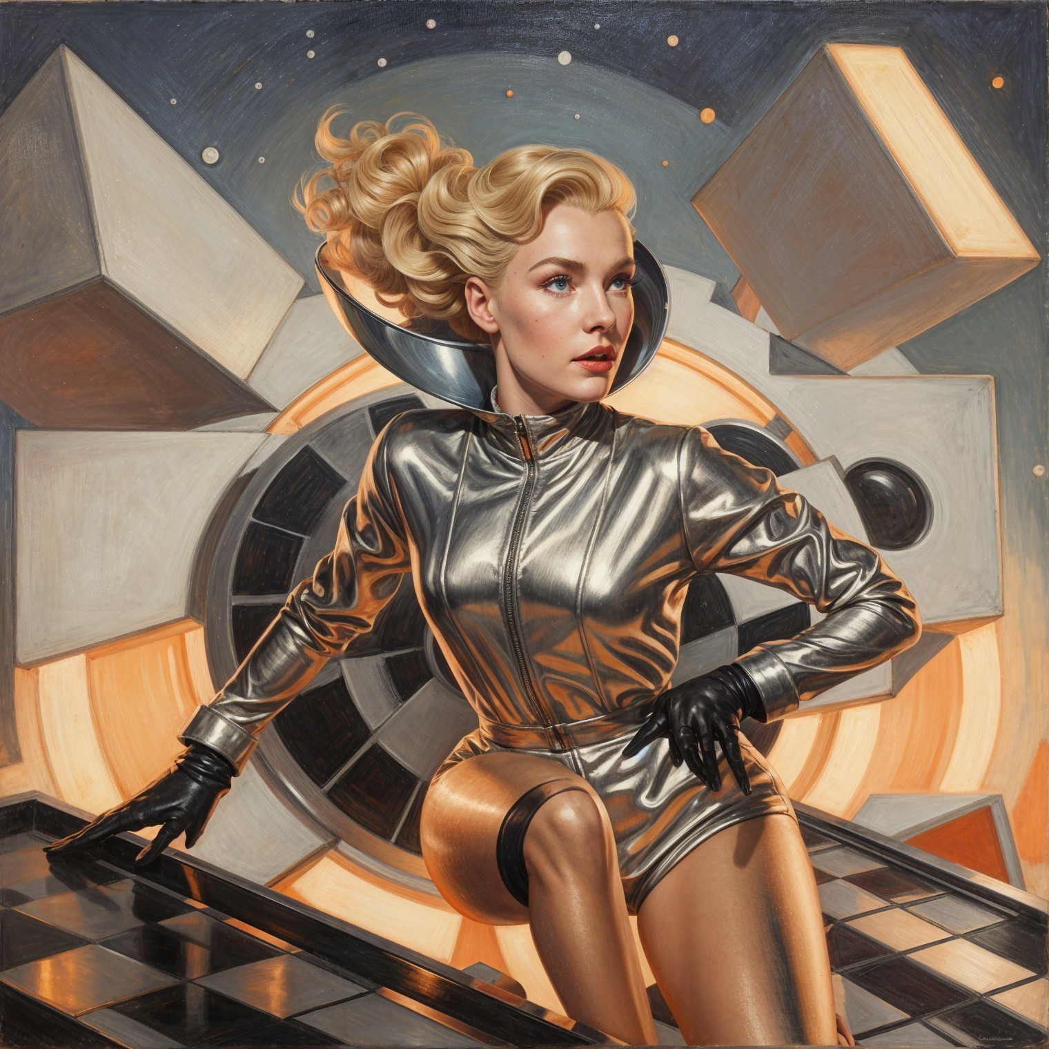 Futuristic Female Figure in Metallic Suit with Geometry