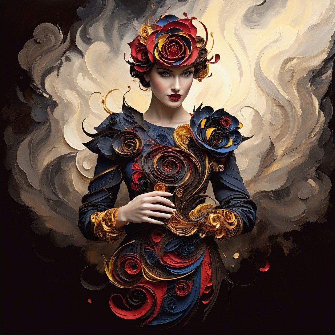 Striking woman in intricately designed dress with roses