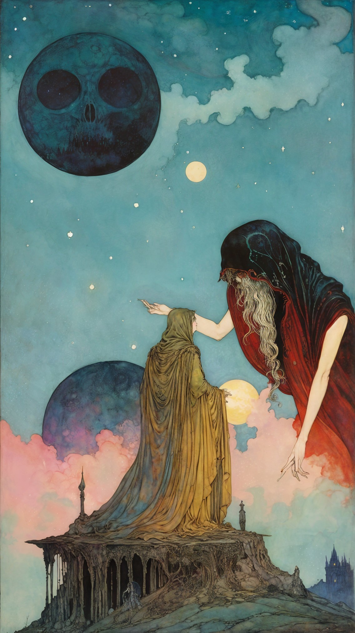 Mystical Scene with Towering Figure and Celestial Bodies