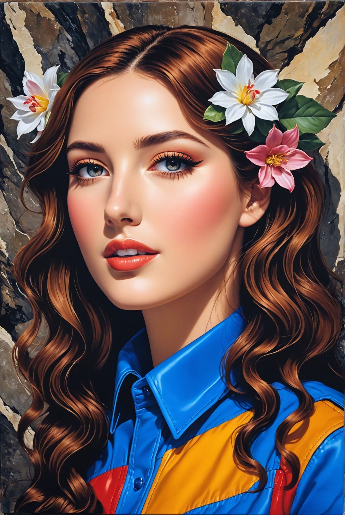 Young woman with flowers and textured rock background