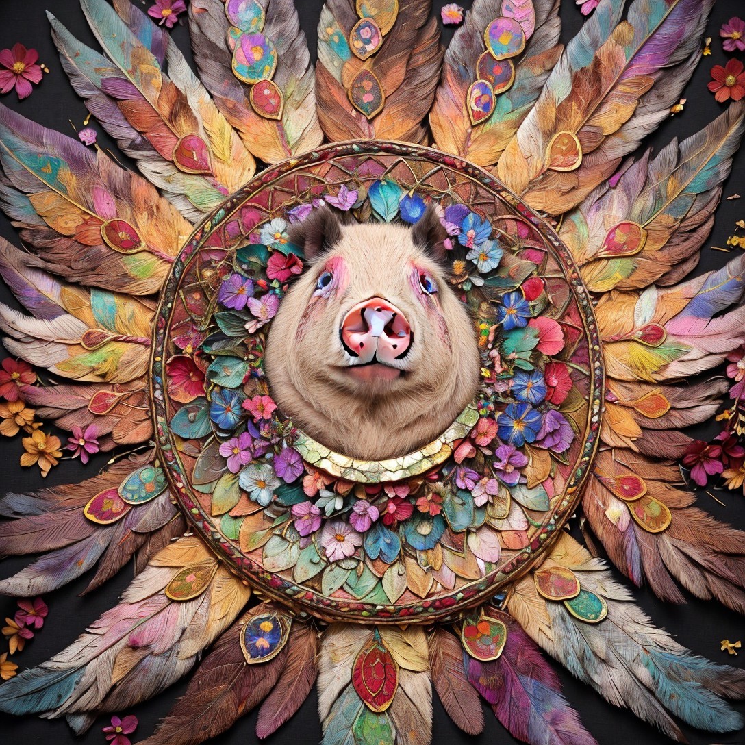 Whimsical Bear Head Art with Flowers and Feathers