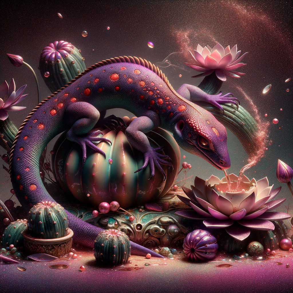 Vibrant Lizard on Pumpkin with Surreal Cacti and Flowers