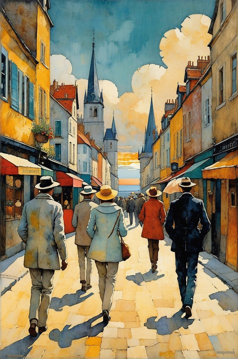 Vibrant Street Scene in a Quaint Town with Shops