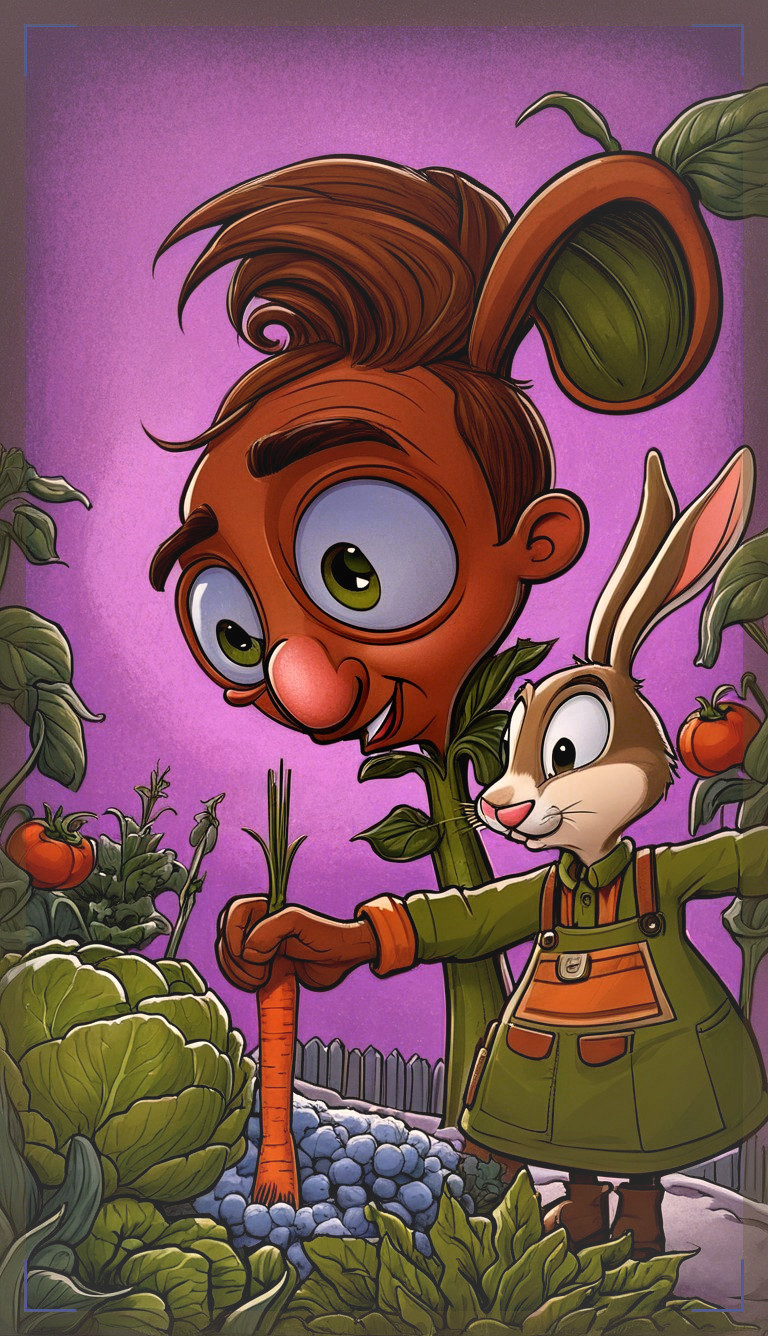 Whimsical Garden Character with Rabbit and Vegetables