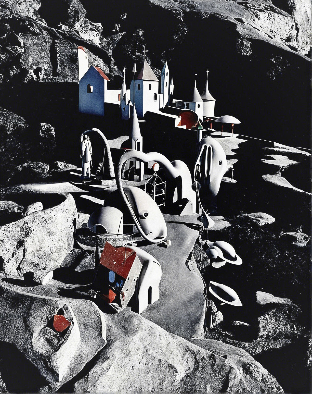 Surreal Landscape with Abstract Buildings and Pathway