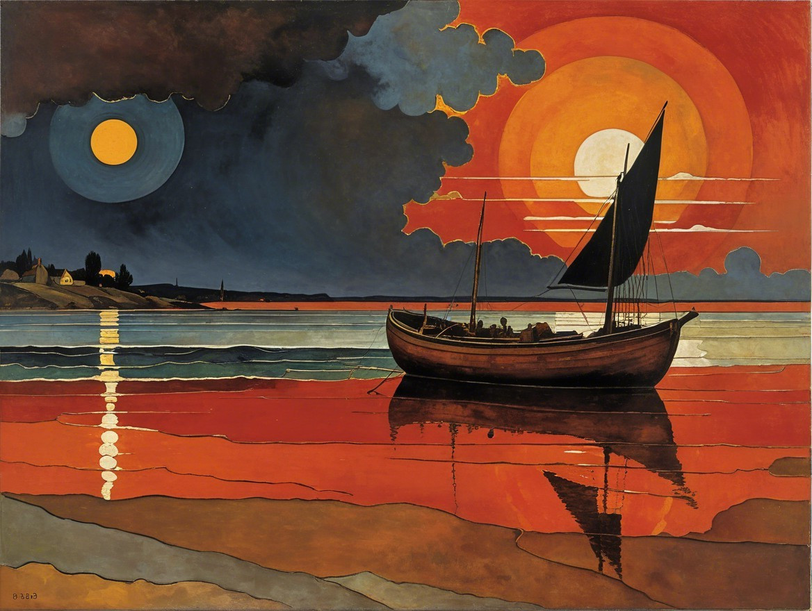 Serene Sunset with Sailing Boat on Calm Sea