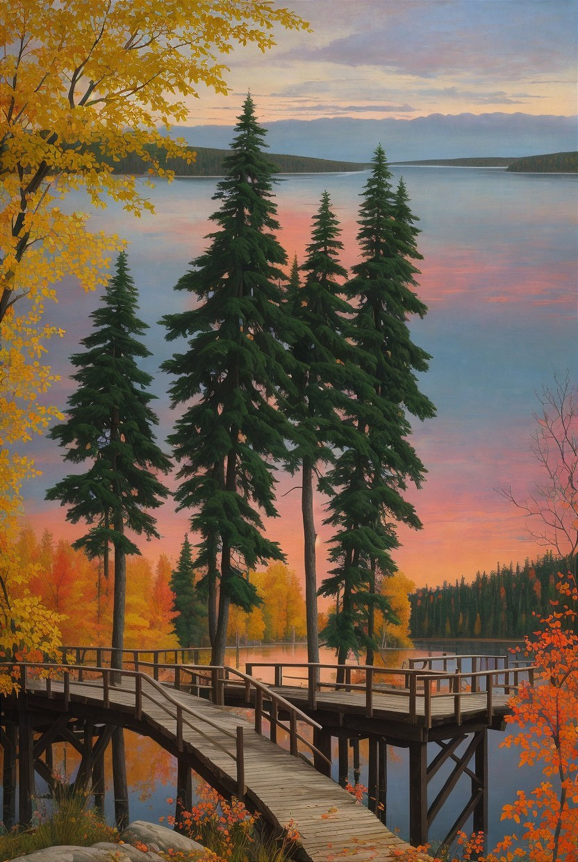 Lakeside Sunset with Evergreen Trees and Autumn Foliage