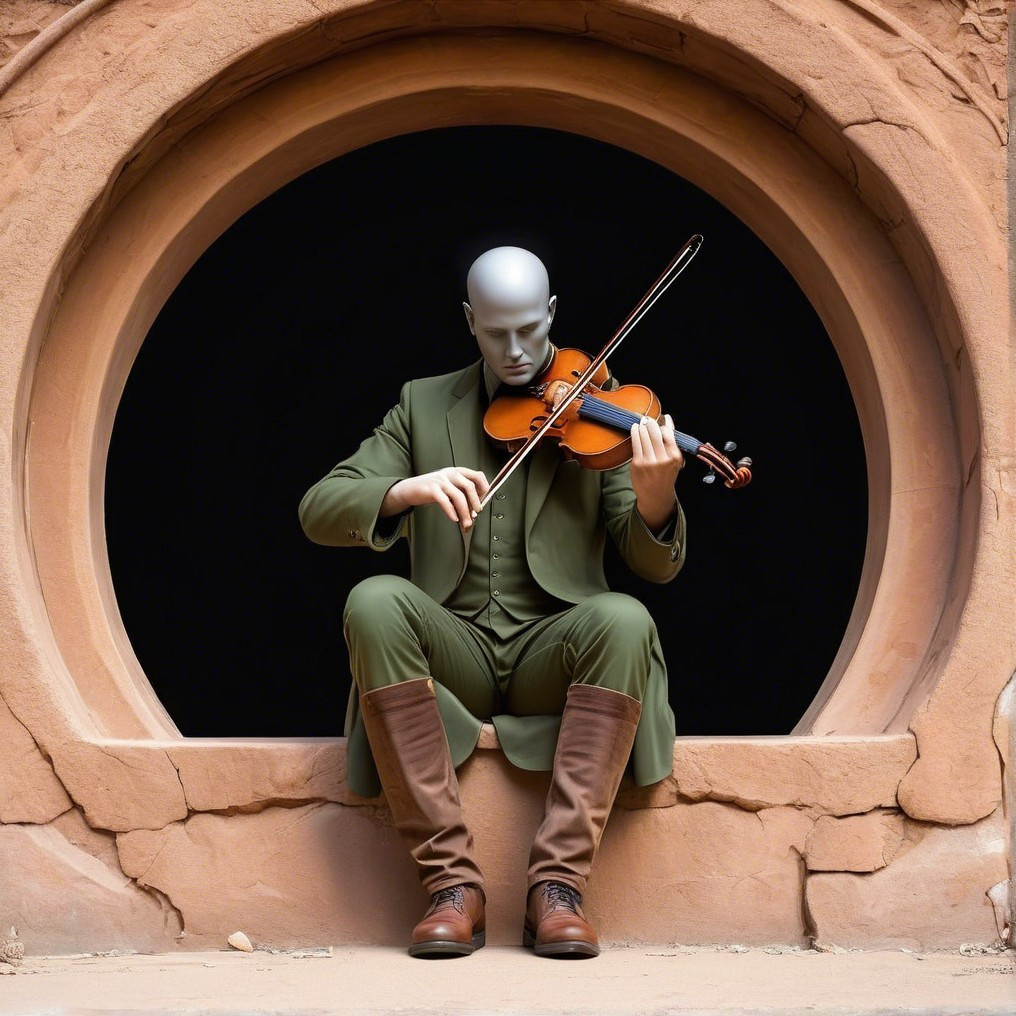 Mannequin in Green Suit Playing Violin in Rock Wall