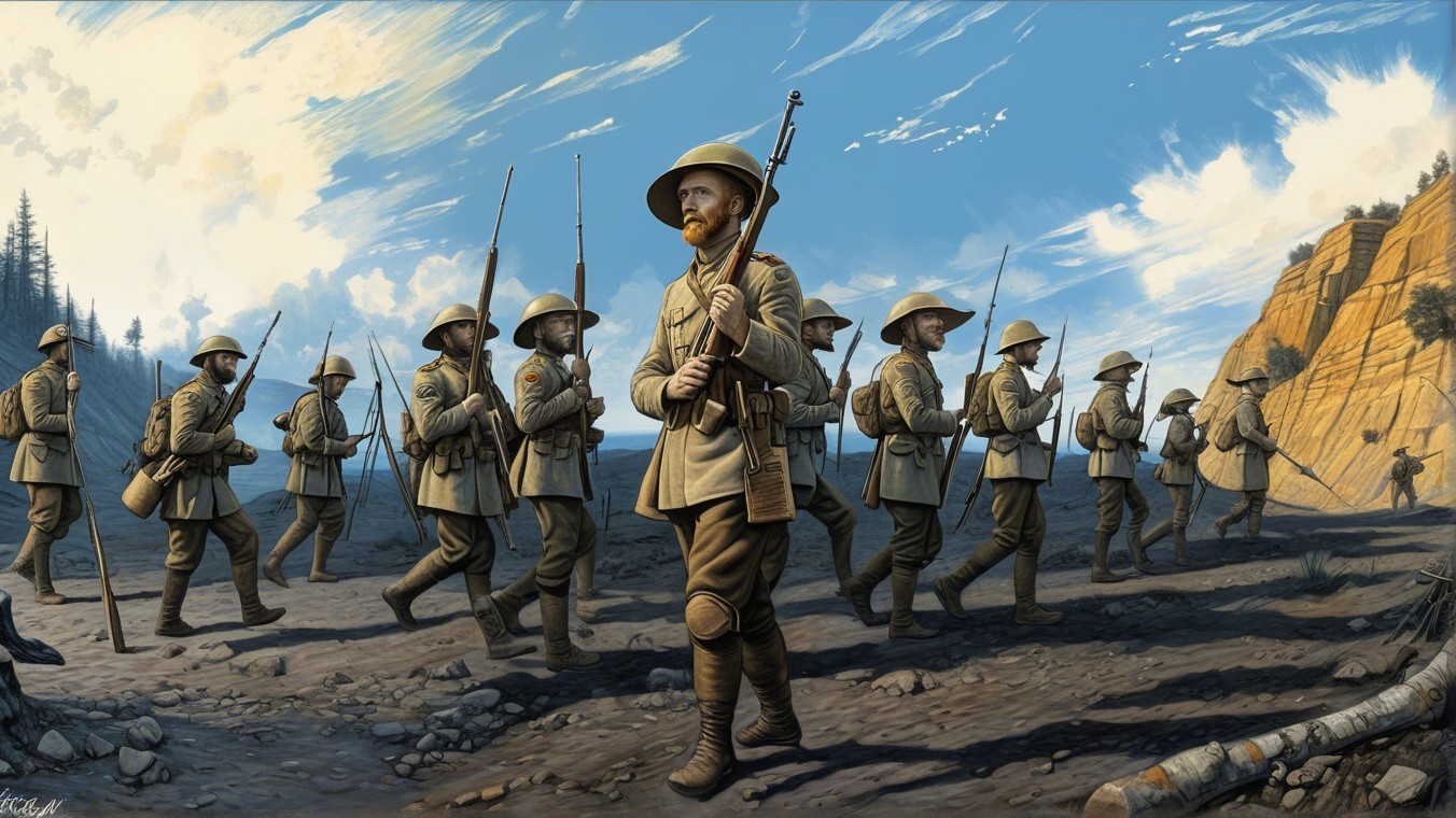 Soldiers Marching Through Rugged Terrain Under Blue Sky