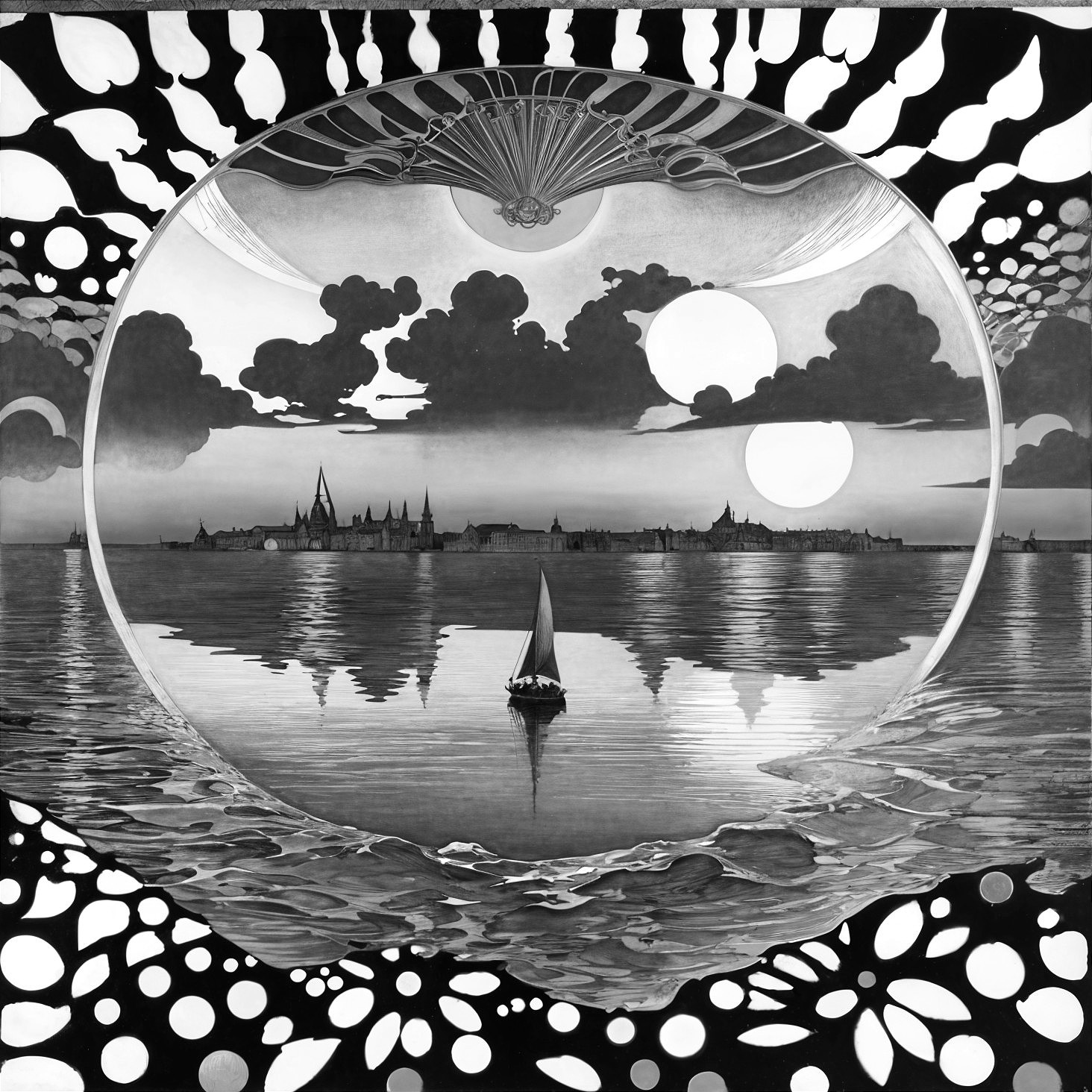 Surreal Black and White Sailboat Artwork with Moons