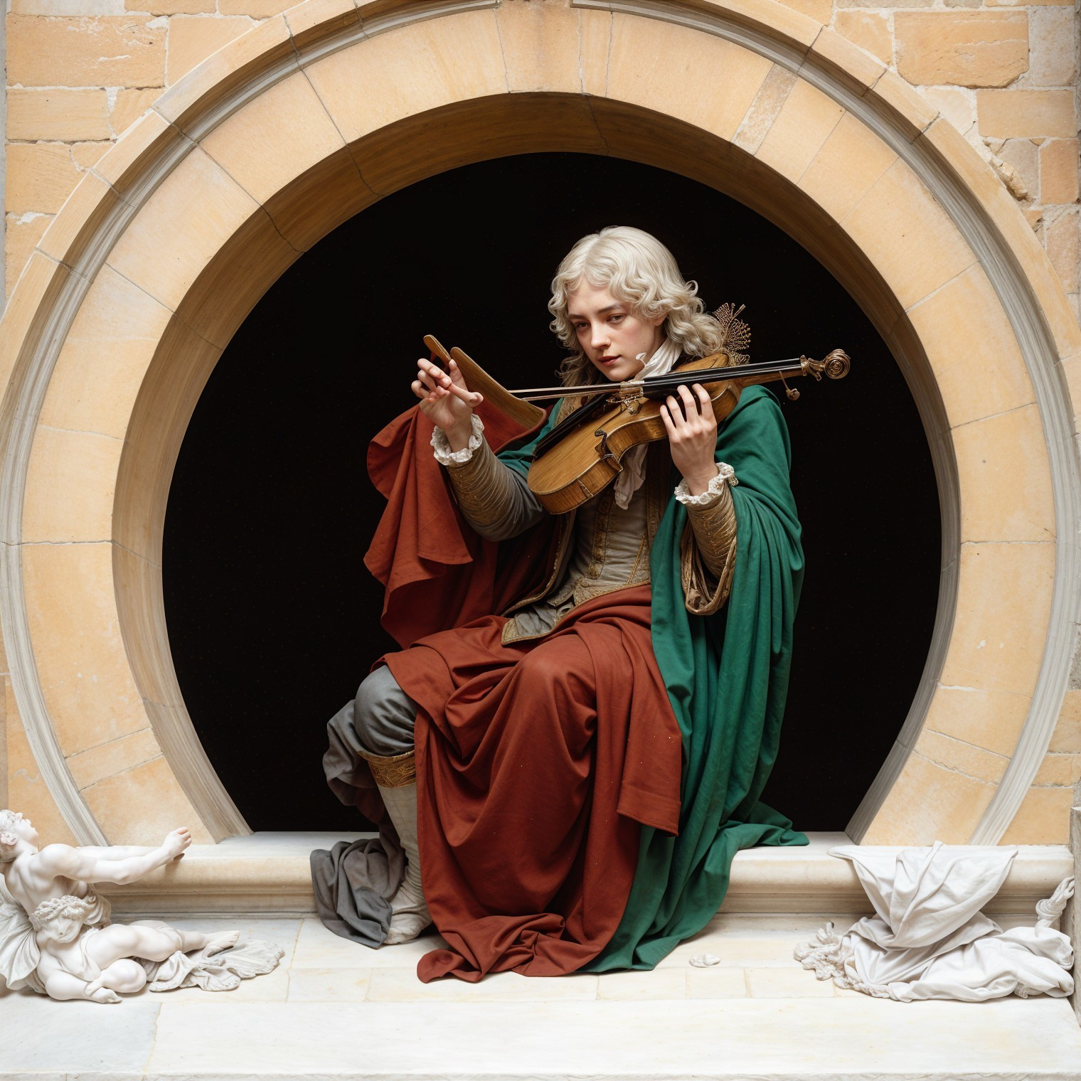 Young man in elegant costume plays violin in alcove