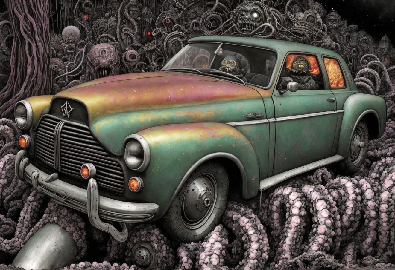 Vintage car with surreal organic forms and dark backdrop
