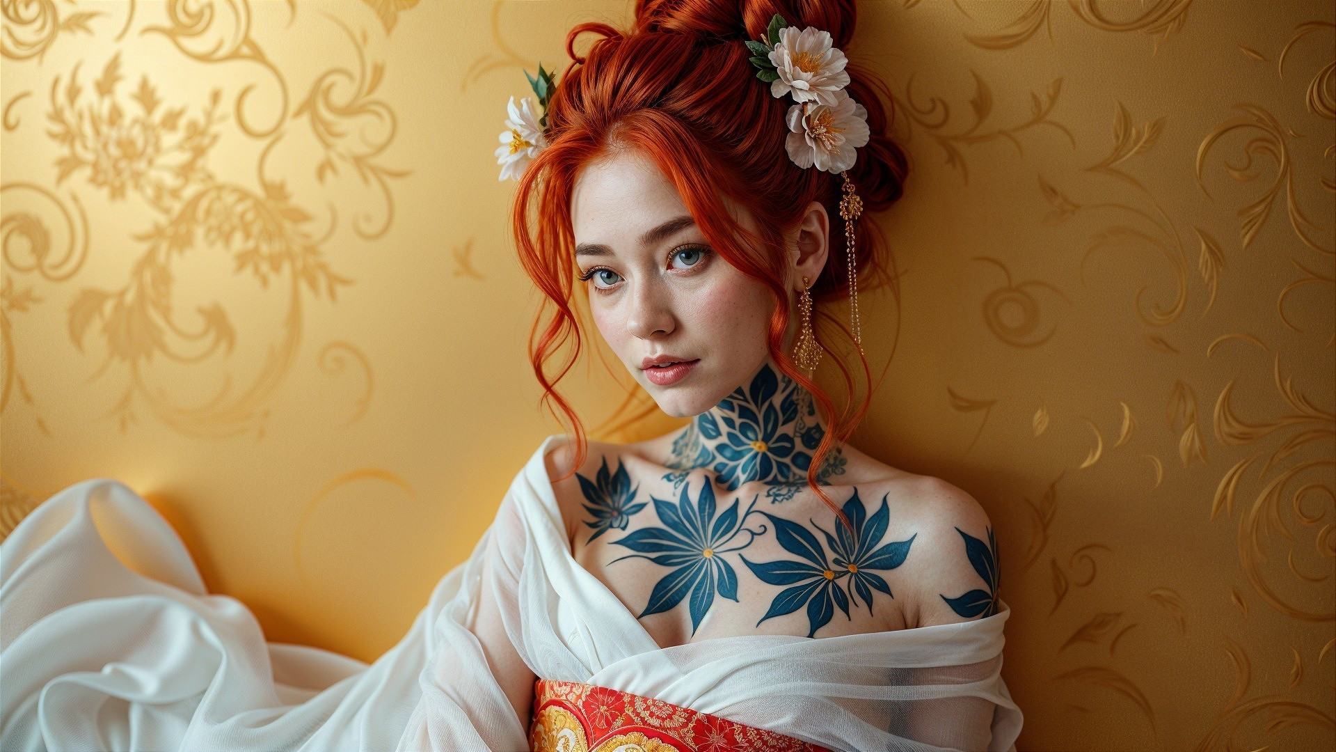Portrait of a woman with red hair and floral tattoos
