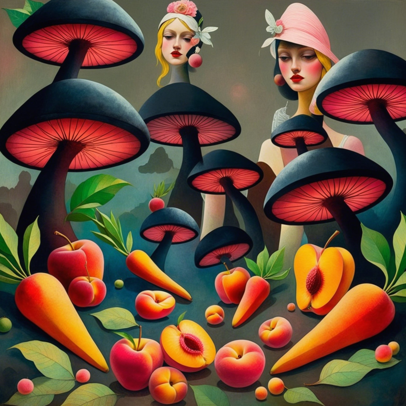 Women with Floral Accessories and Surreal Mushrooms