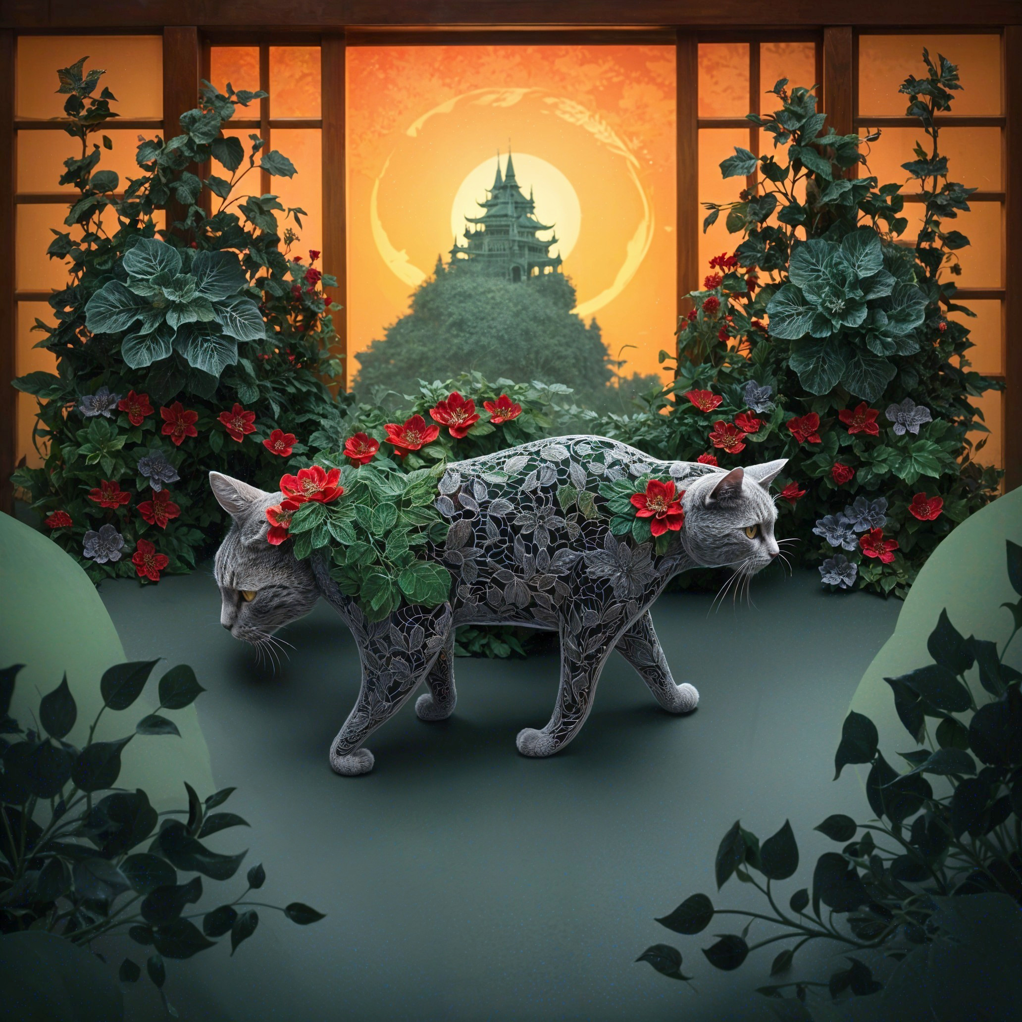 Cats in Floral Patterns Amidst a Serene Landscape