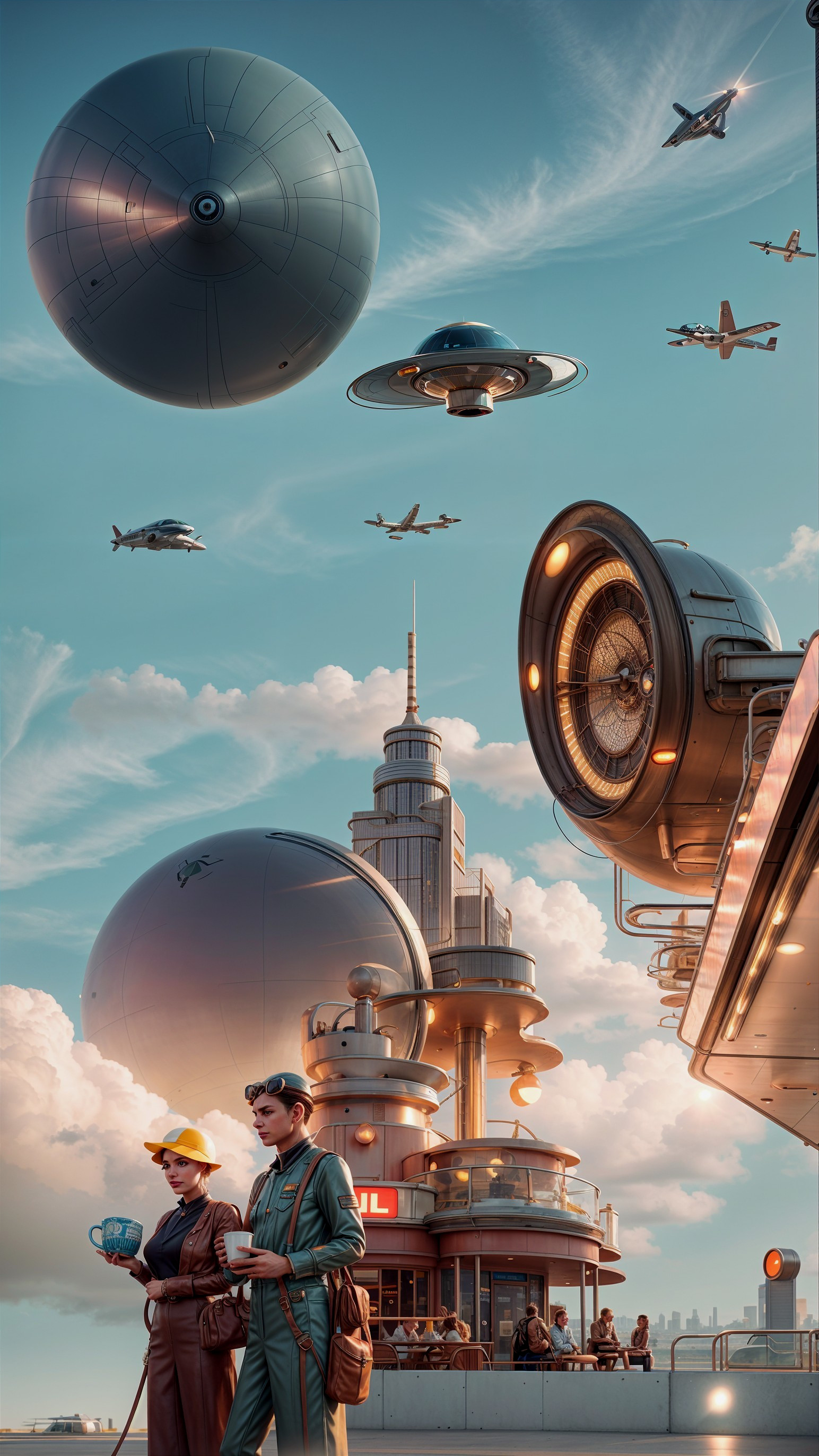 Futuristic cityscape with art deco structure and aircraft