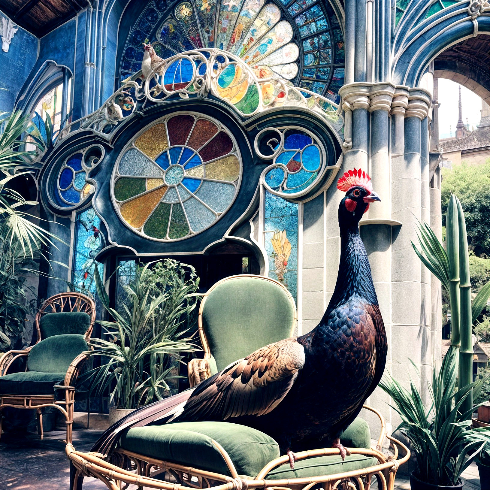 Majestic Peacock on Wicker Chair in Vibrant Setting