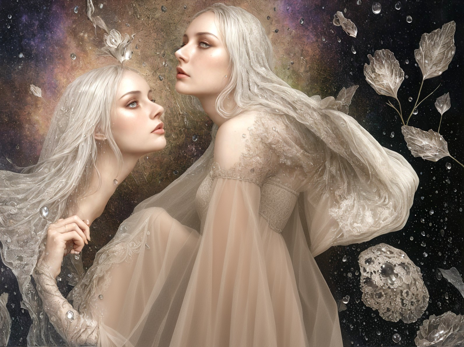 Serene Composition of Ethereal Figures in Cosmic Setting