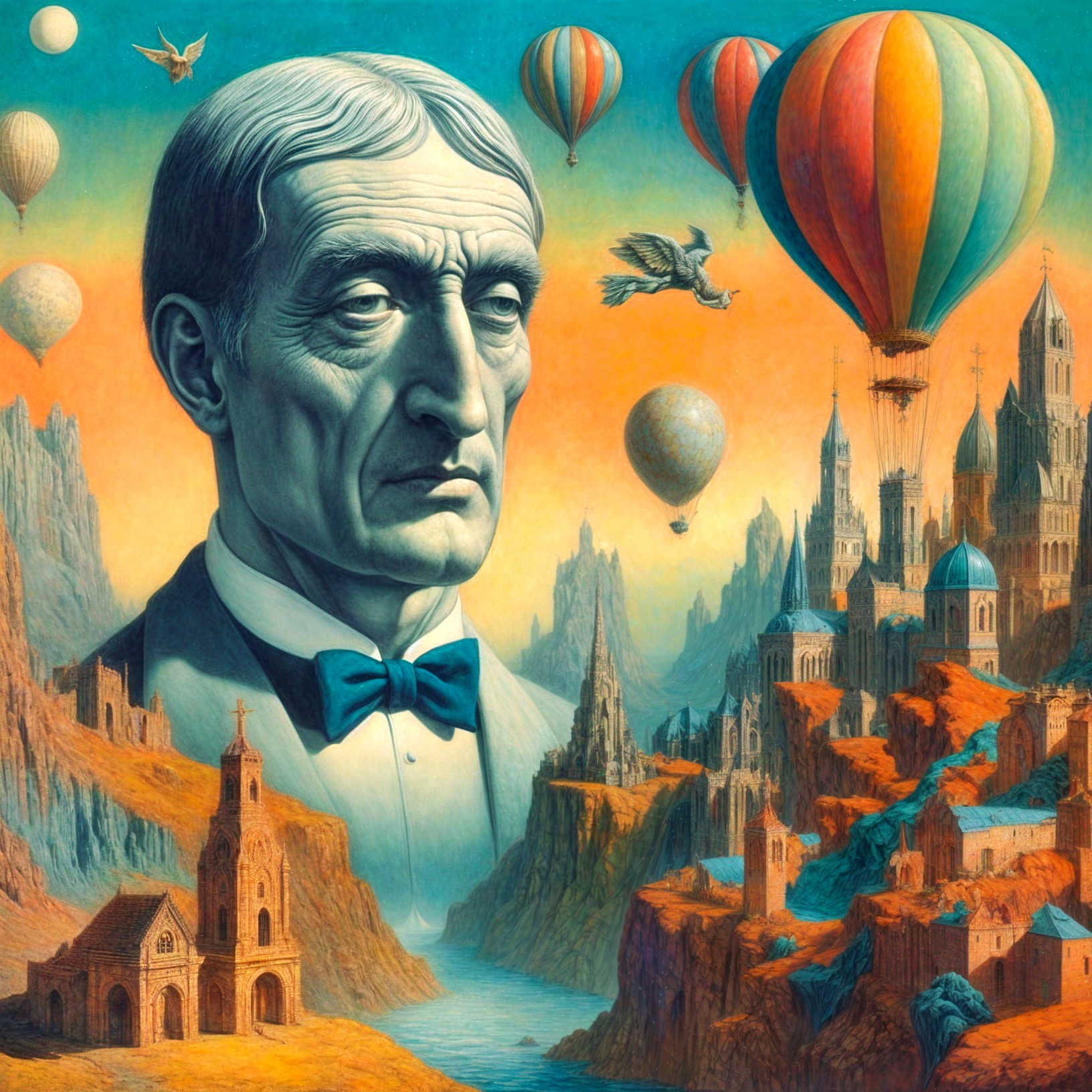 Contemplative Figure in Surreal Landscape with Balloons
