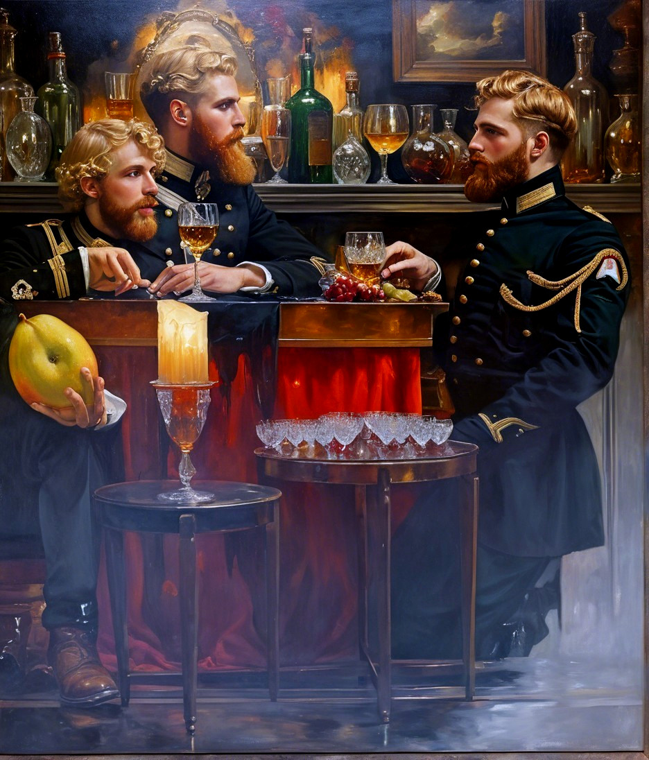 Three Men in Military Attire at a Lavish Bar