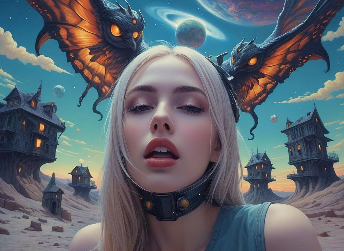 Surreal Scene with Young Woman and Dark Moths