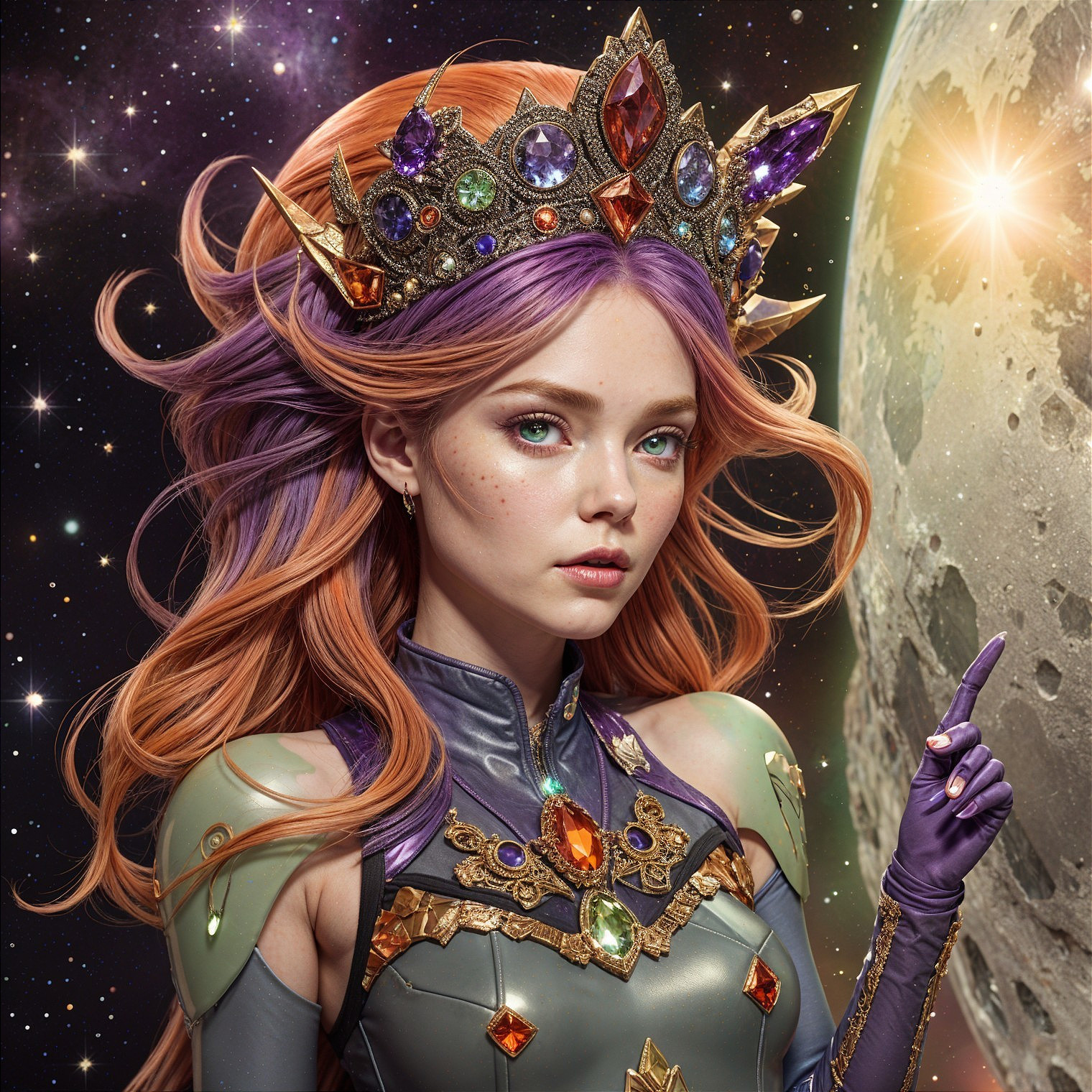 Regal figure with colorful crown in cosmic setting