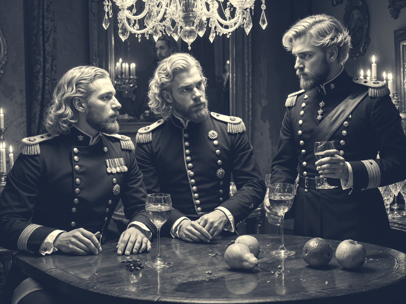 Three Men in Military Uniforms at a Lavish Table