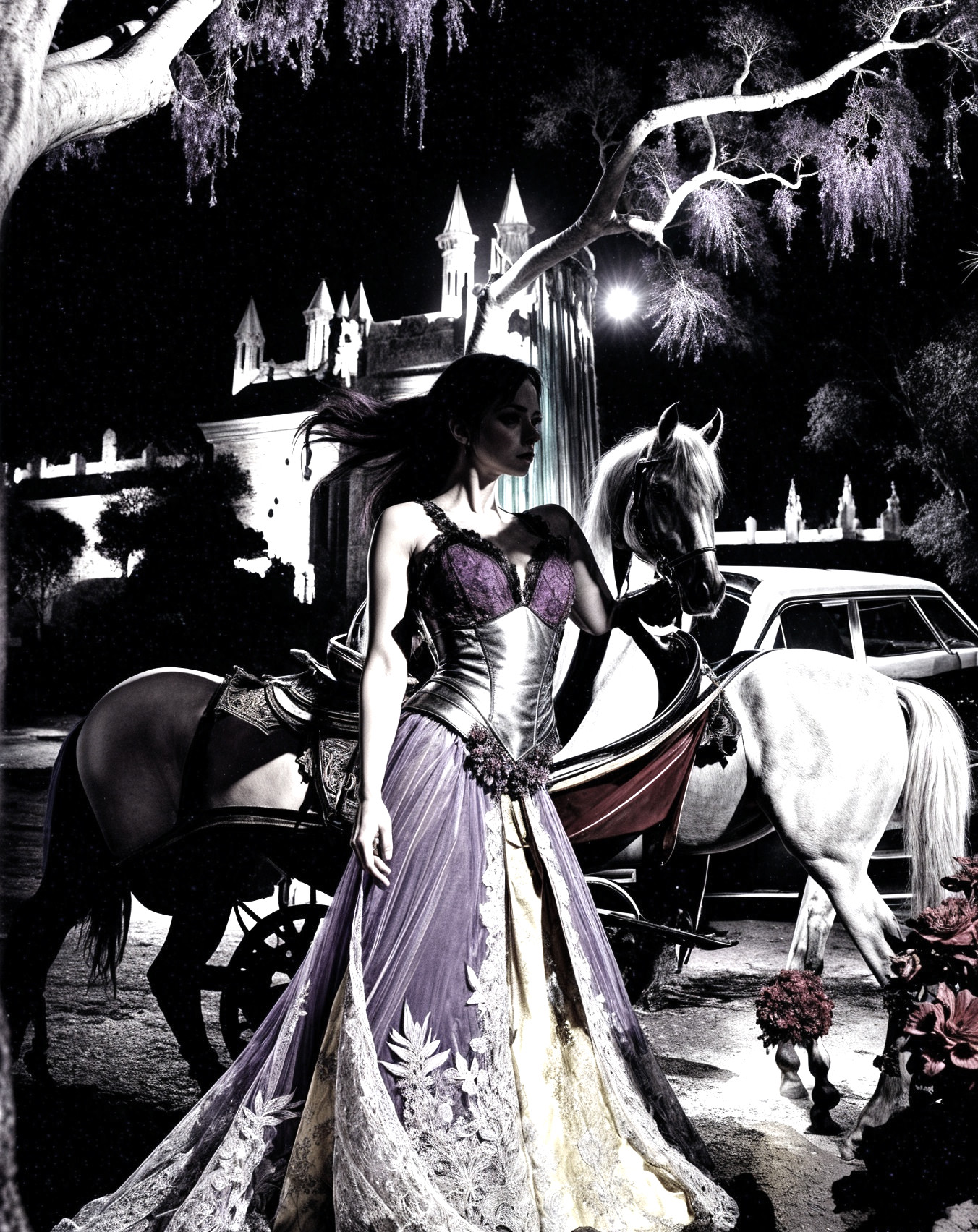 Elegant Woman in Dark Gown Beside White Horse