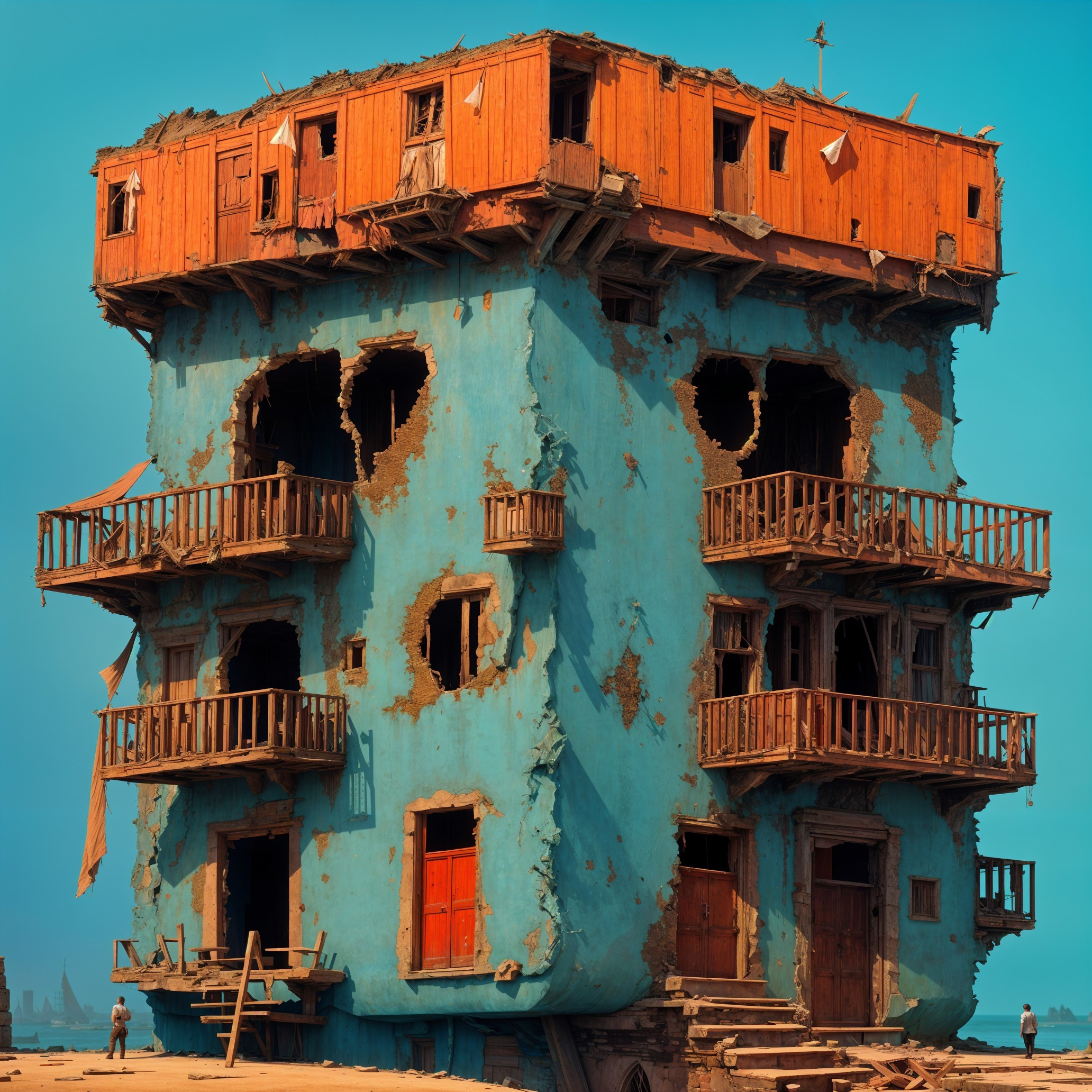 Abandoned Building with Turquoise and Orange Exterior