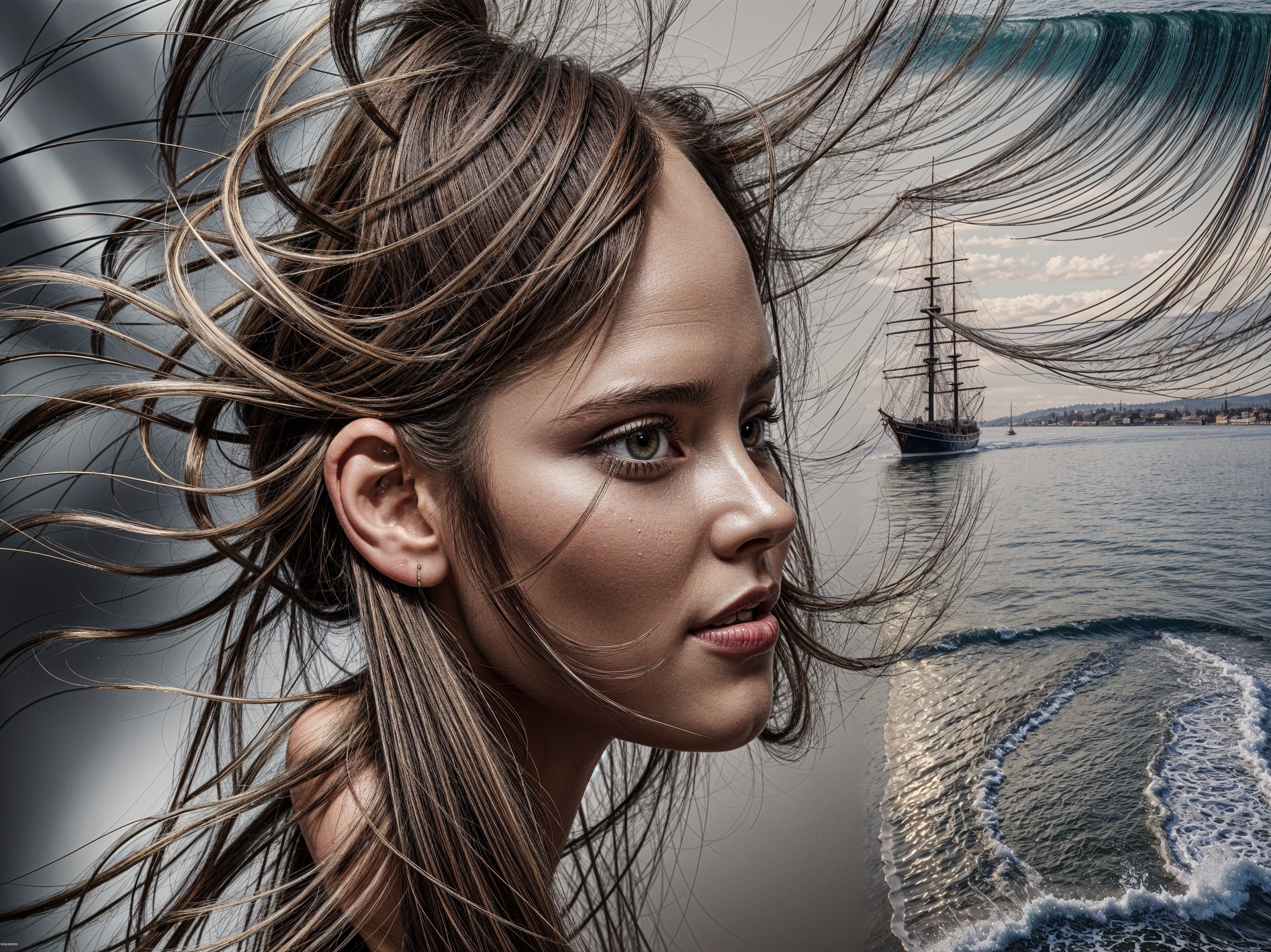Portrait of Woman with Hair Merging into Ocean Waves