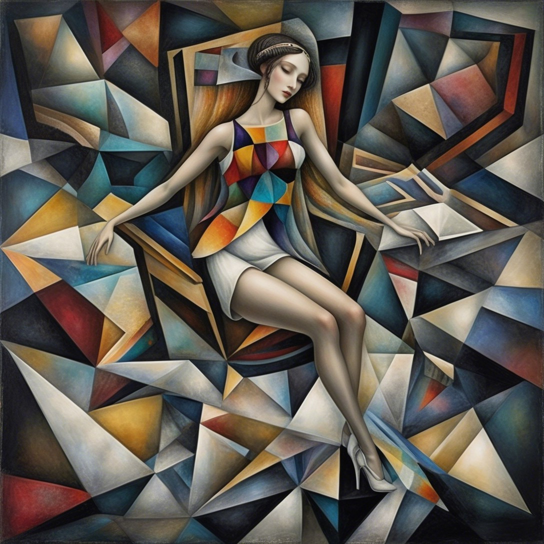 Seated Woman in Fragmented Geometric Artwork